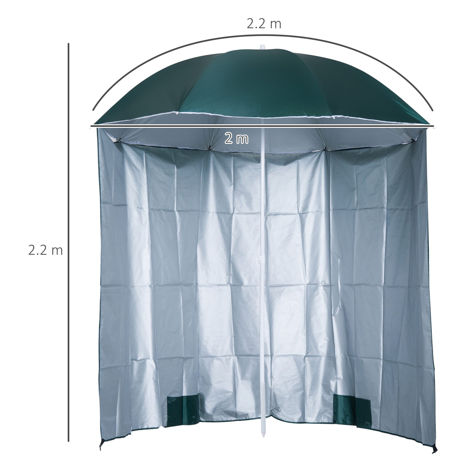 Un parasole verde scuro con pareti laterali argentate, alto 2,2 m.