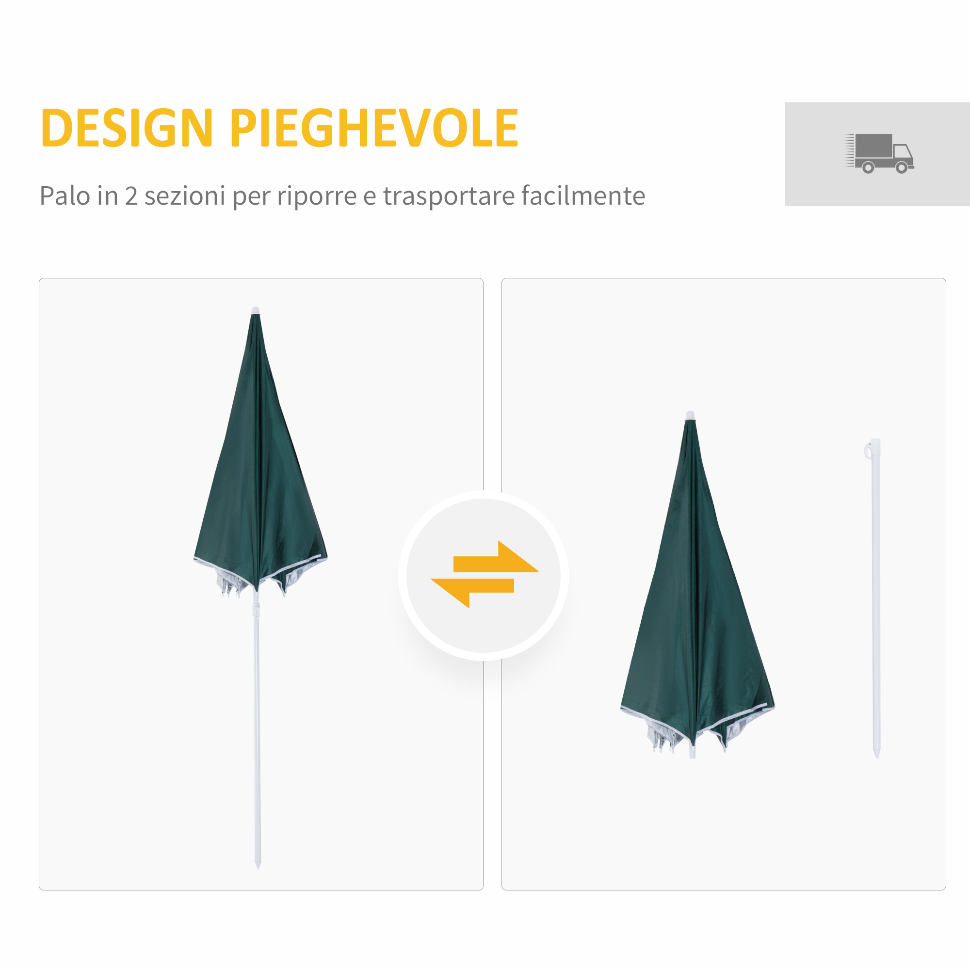Un ombrellone verde scuro piegato con un palo bianco.