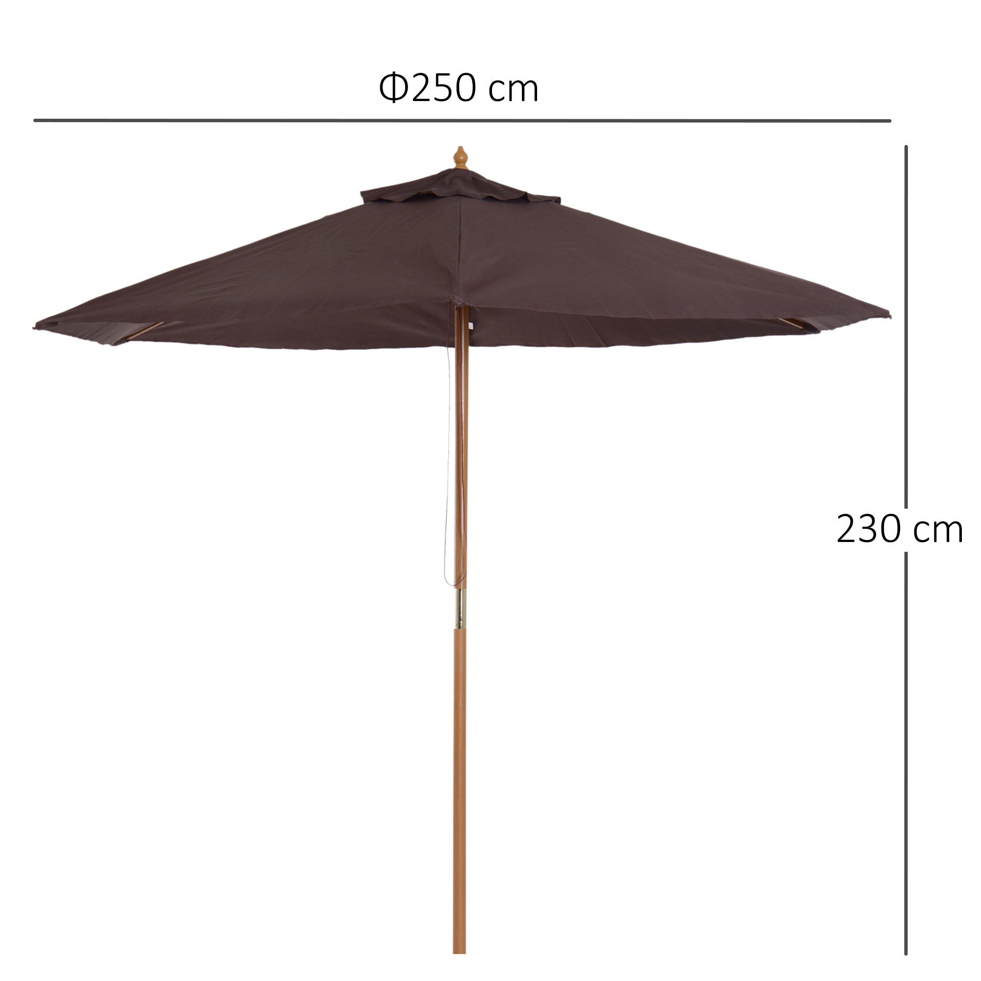 Un ombrellone da esterno marrone con palo in legno. Diametro 250cm, altezza 230cm.