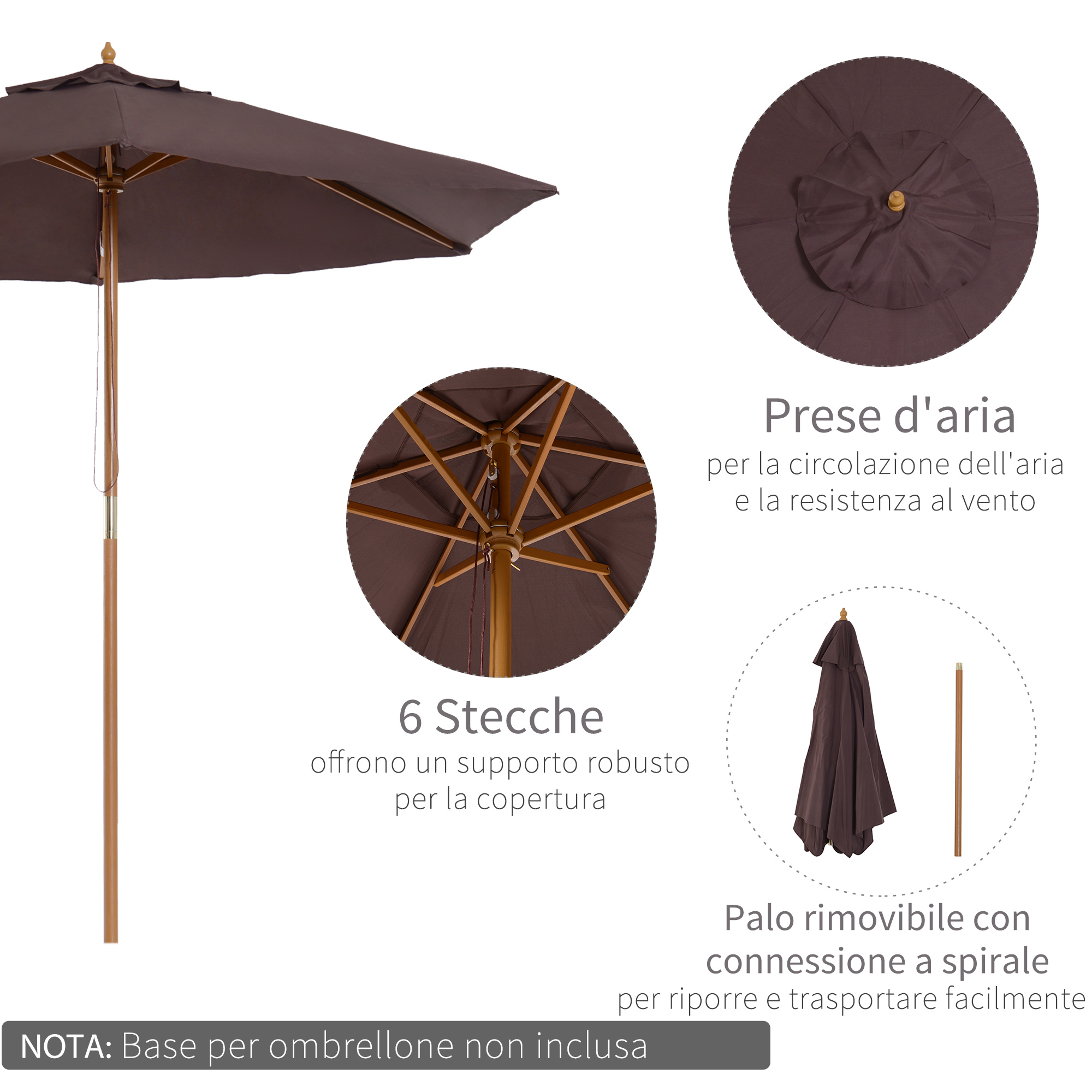 Un ombrellone marrone con struttura in legno, prese d'aria e palo rimovibile.