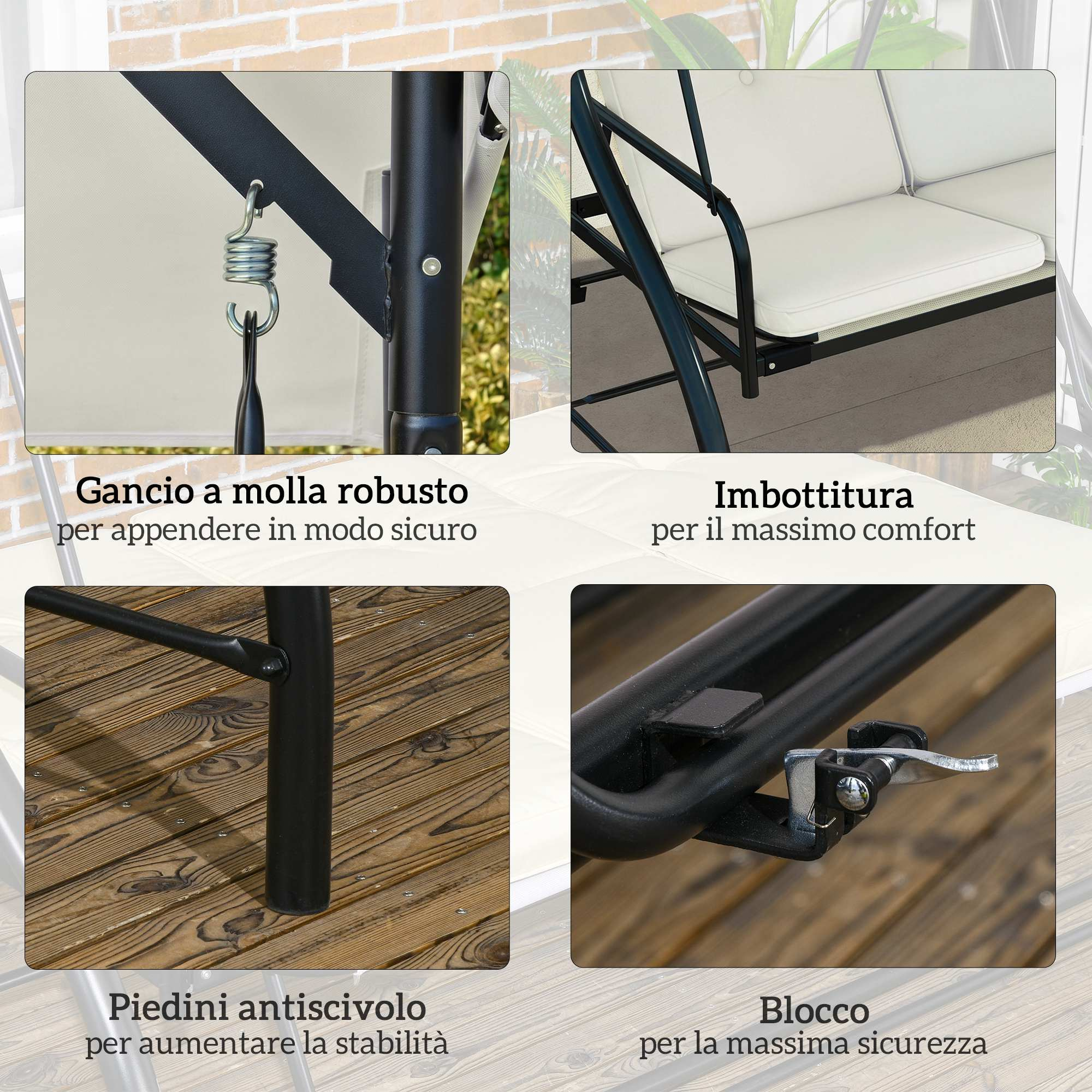 Dettagli di una sedia a dondolo: gancio a molla, imbottitura, piedini antiscivolo, blocco.