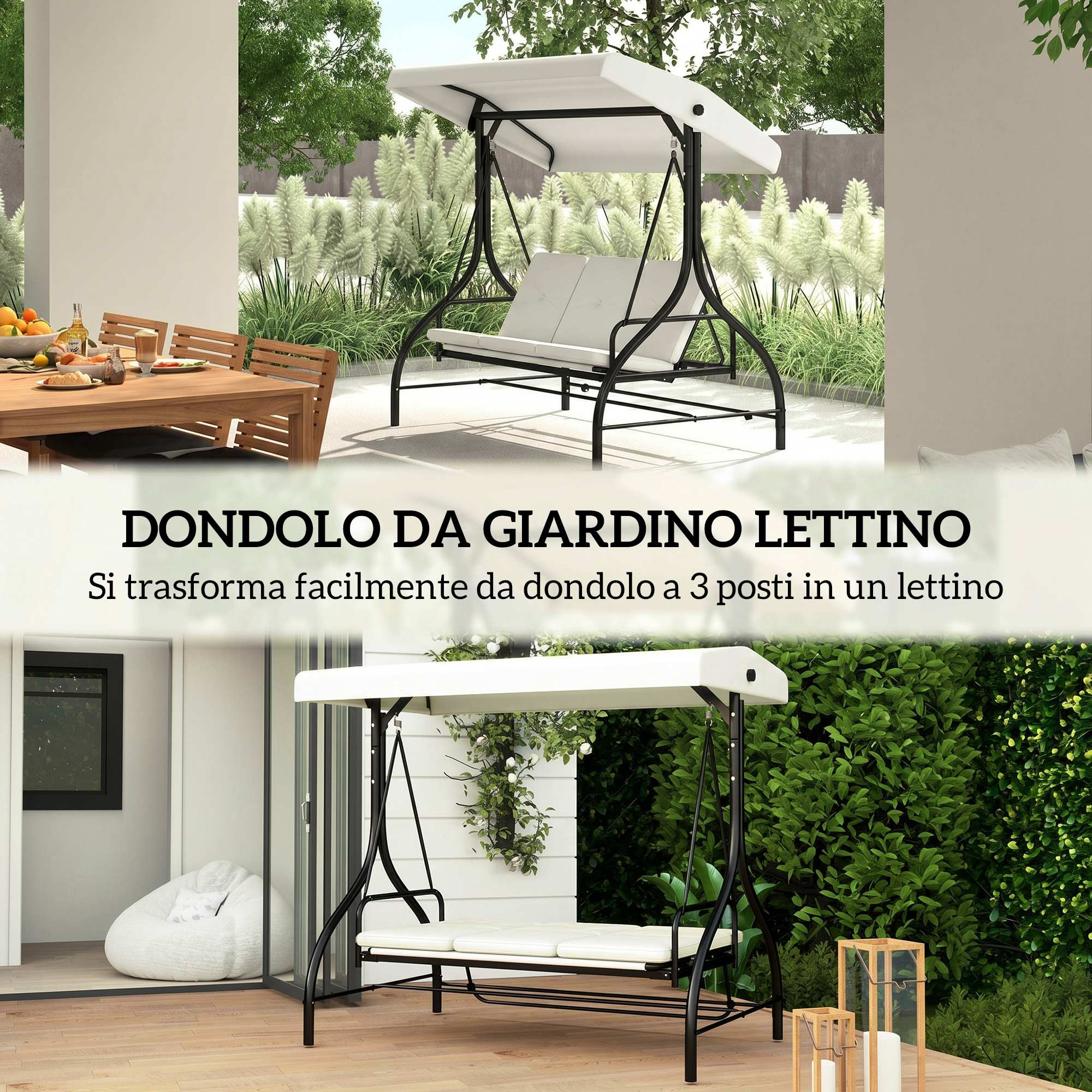 Dondolo da giardino nero con tettuccio bianco e cuscini, tavolo da pranzo vicino.