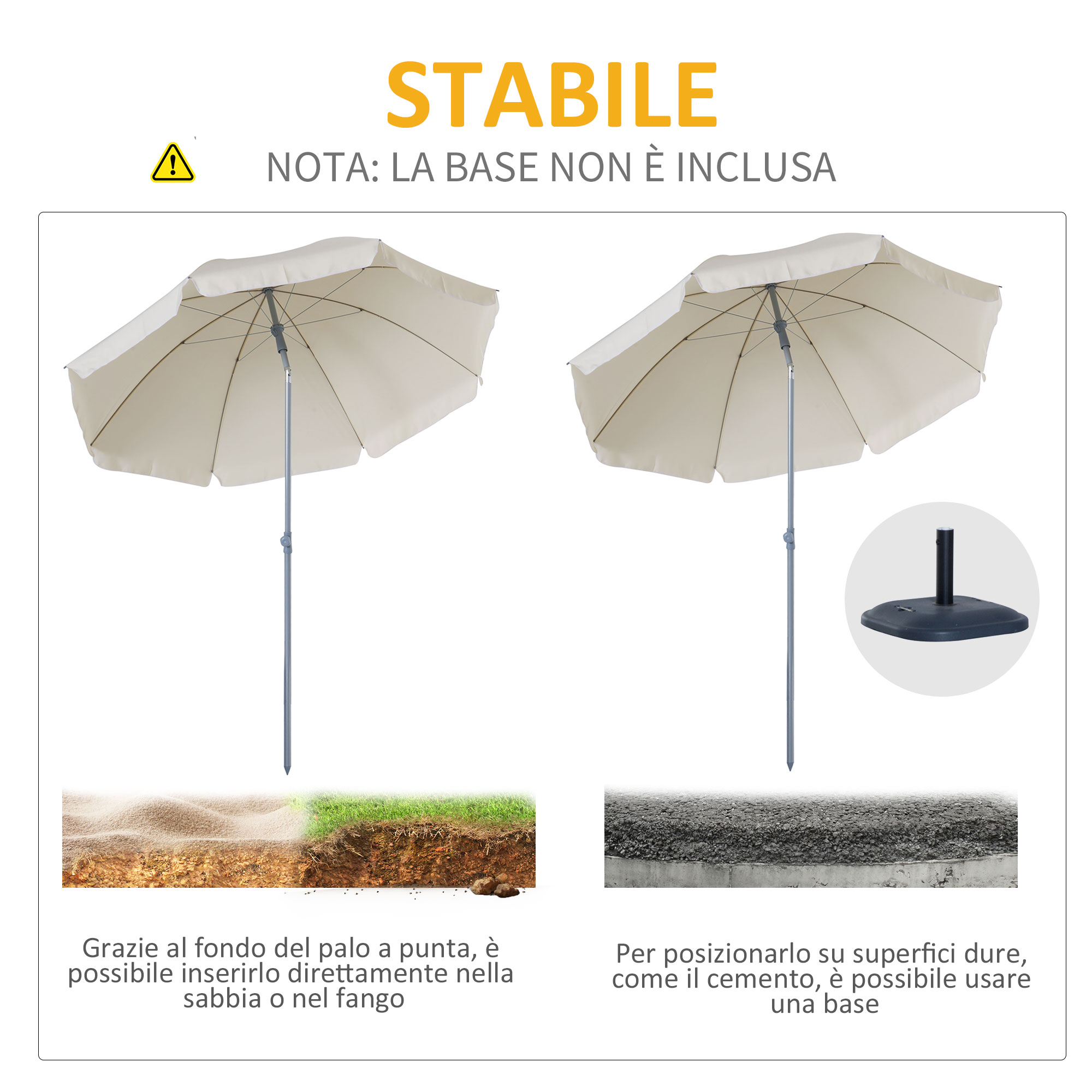 Due ombrelloni, uno nella sabbia, uno sull'asfalto. Una base mostrata.