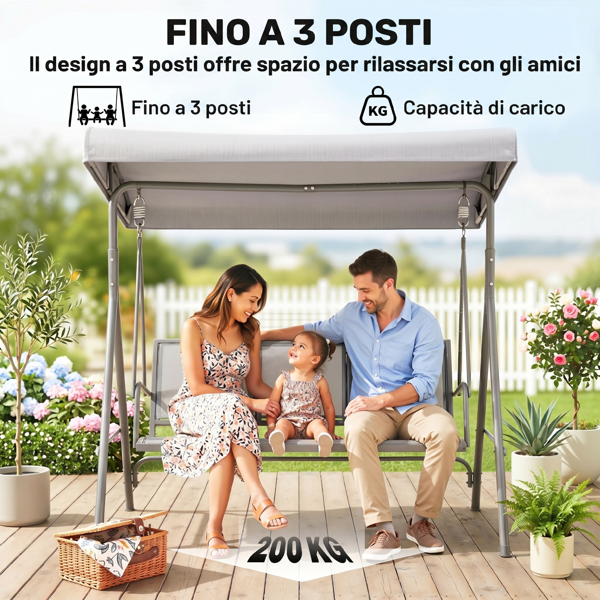 Una famiglia su un'altalena da giardino per 3 persone. Portata 200 kg.