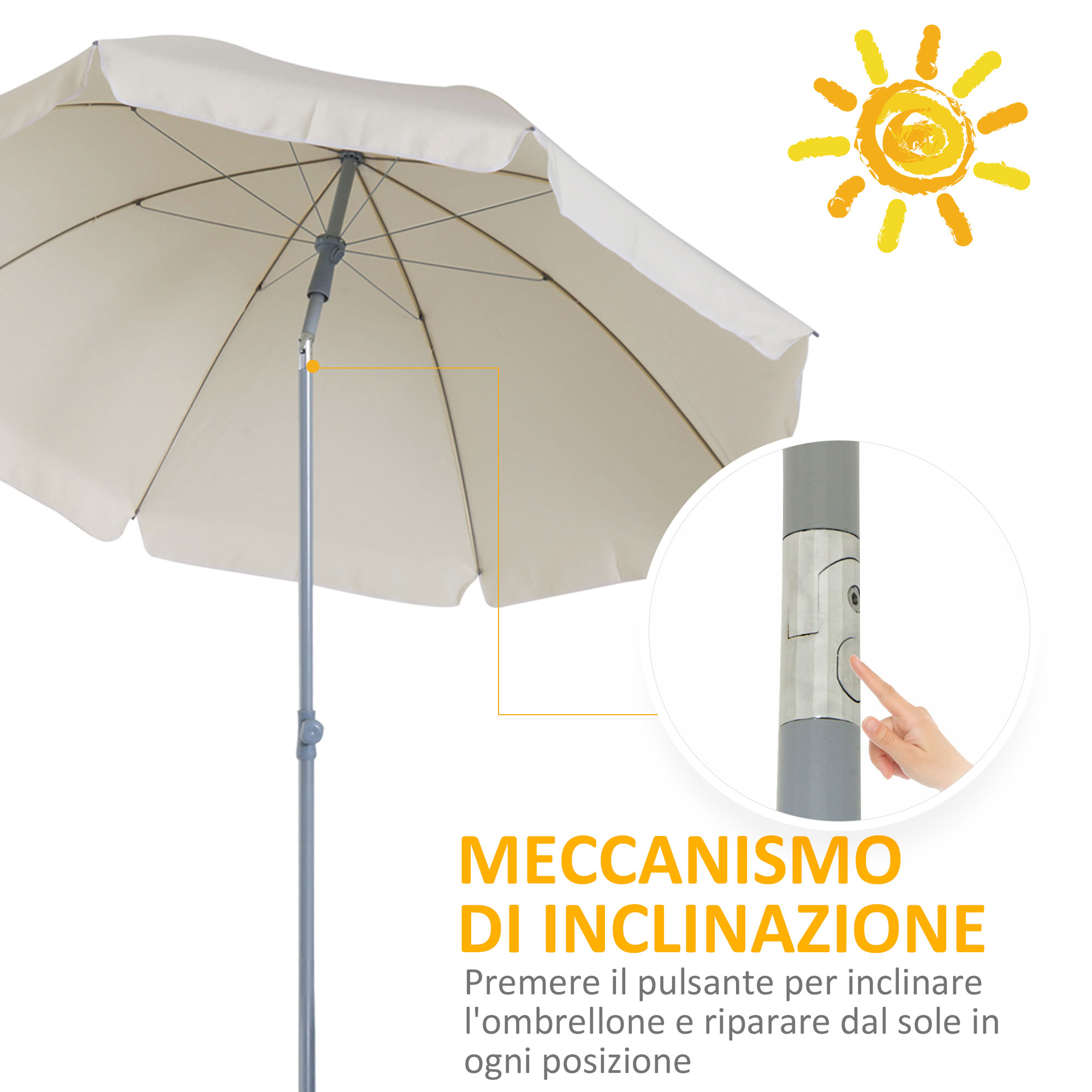 Un ombrellone beige con meccanismo di inclinazione e un sole.