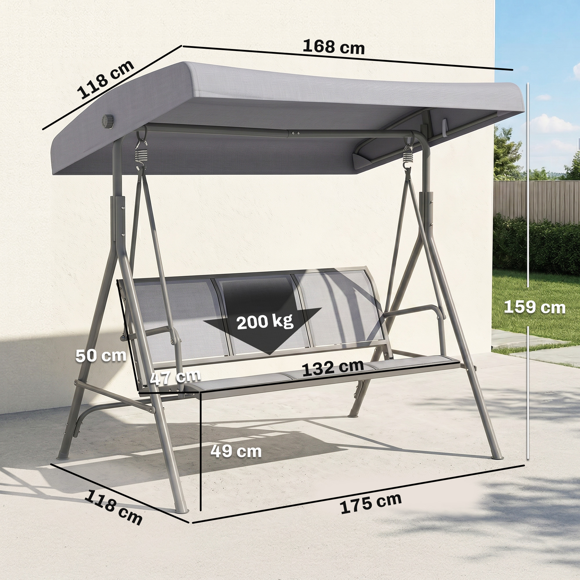 Panca altalena grigia con tettoia, dimensioni indicate. Max 200 kg.