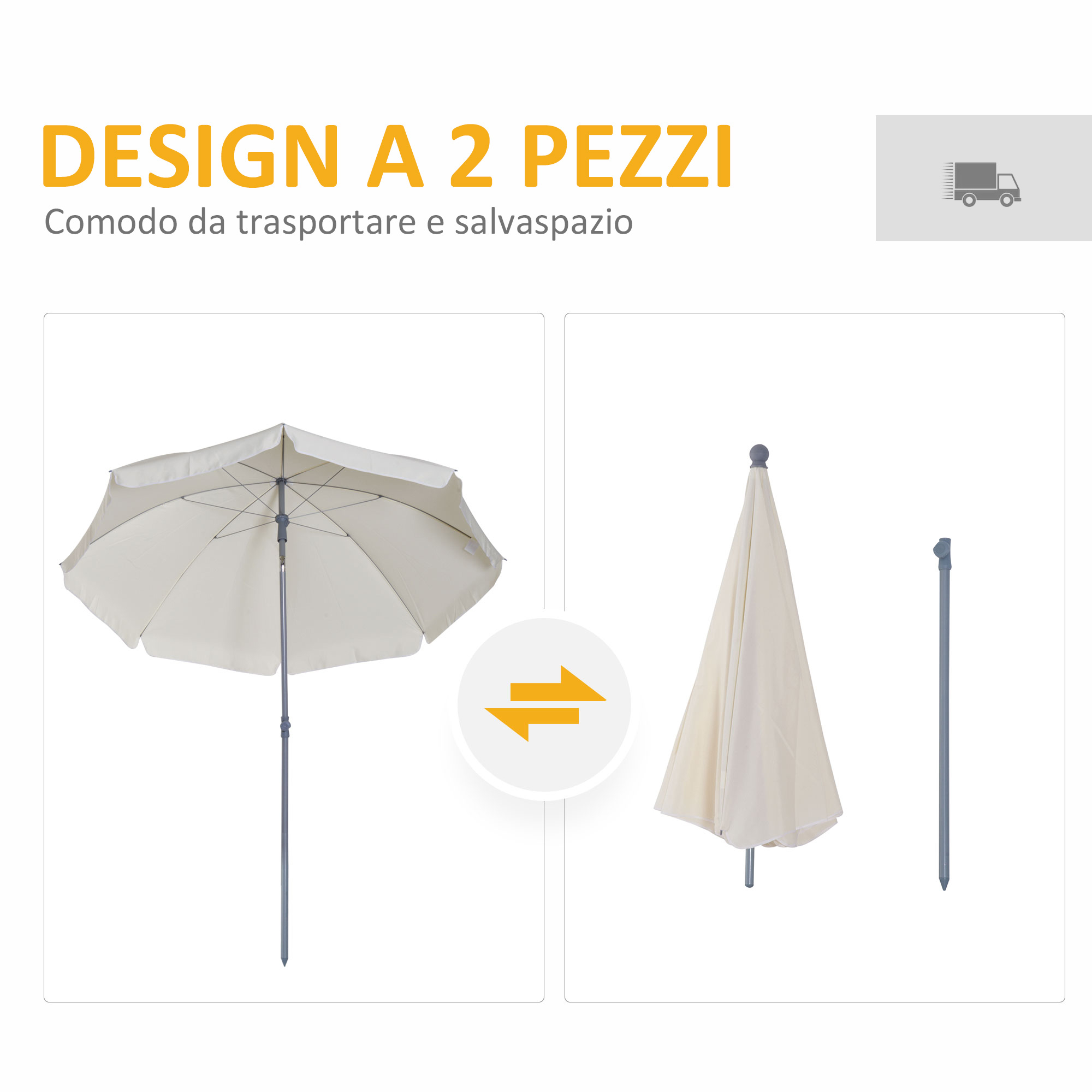 Un ombrellone beige chiaro, aperto e chiuso, con asta.