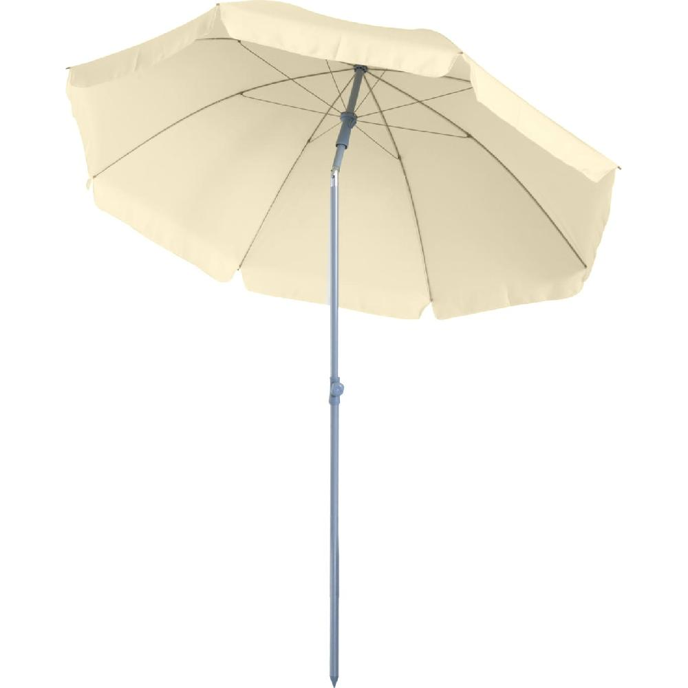 Un ombrellone color crema con supporto grigio, visto dal basso.