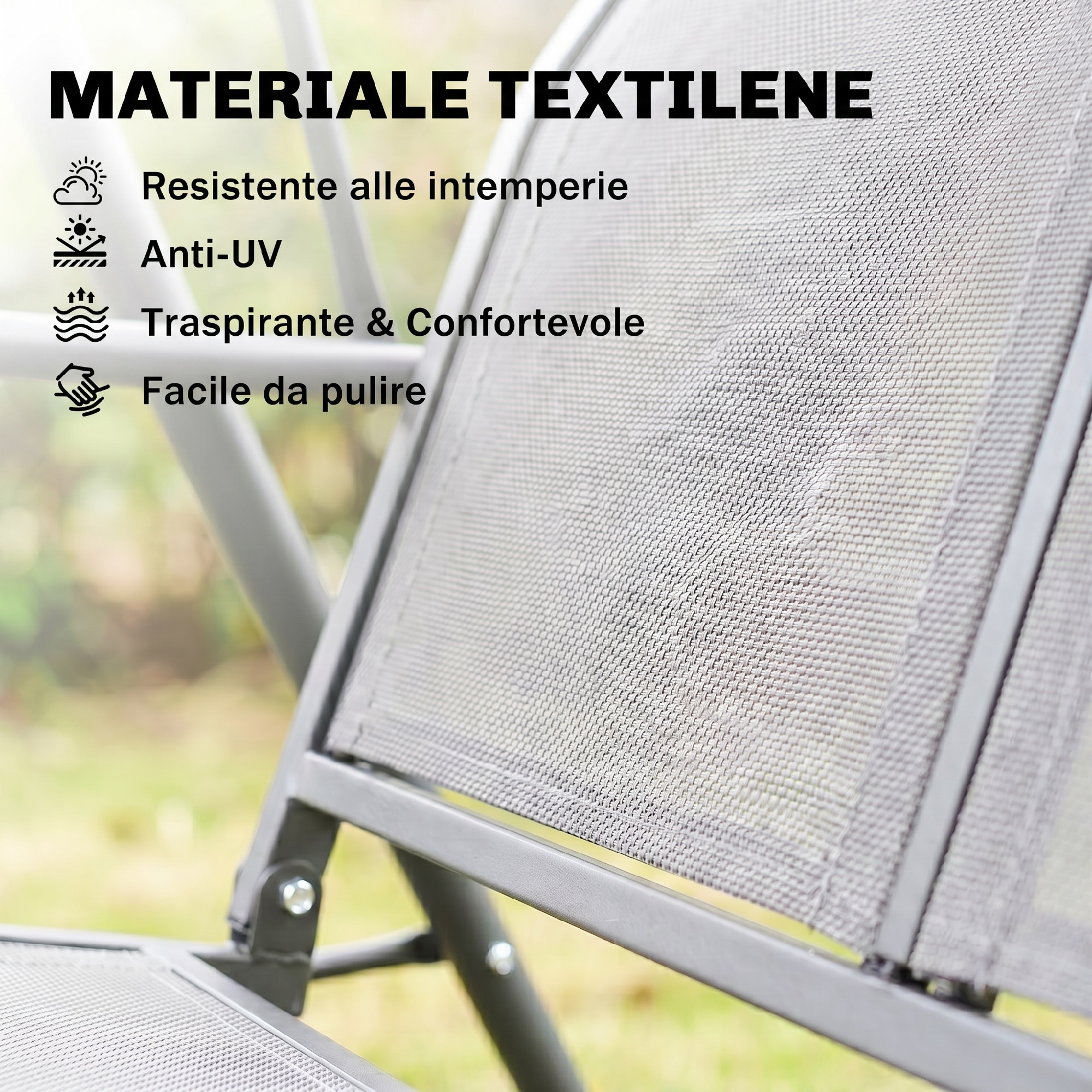 Sedia in textilene grigio resistente alle intemperie, ai raggi UV, traspirante e facile da pulire.