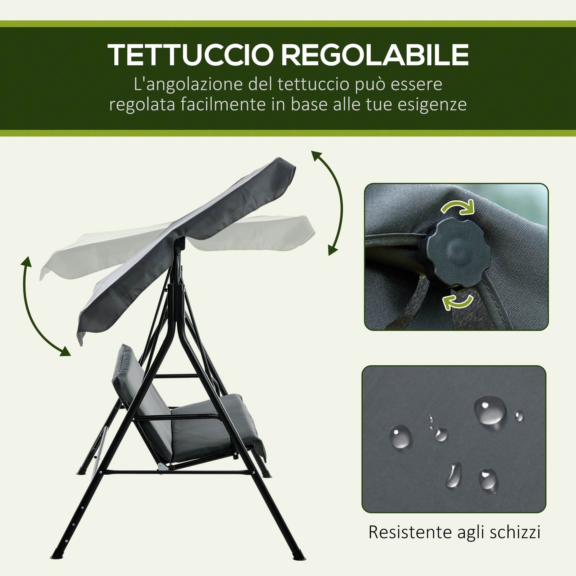 Tettuccio regolabile su un sedile a dondolo, con pomello di regolazione e tessuto idrorepellente.