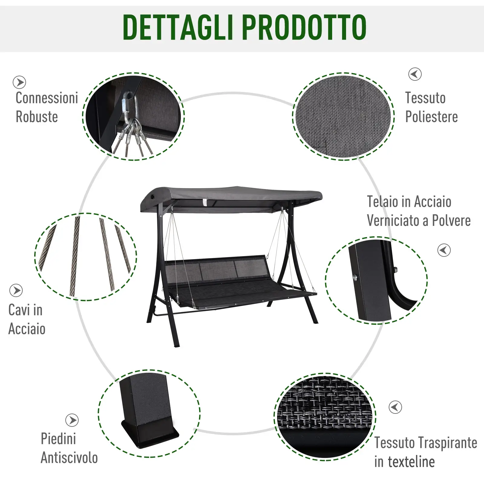 Una sedia a dondolo nera con tettuccio, telaio in acciaio e seduta in textilene.