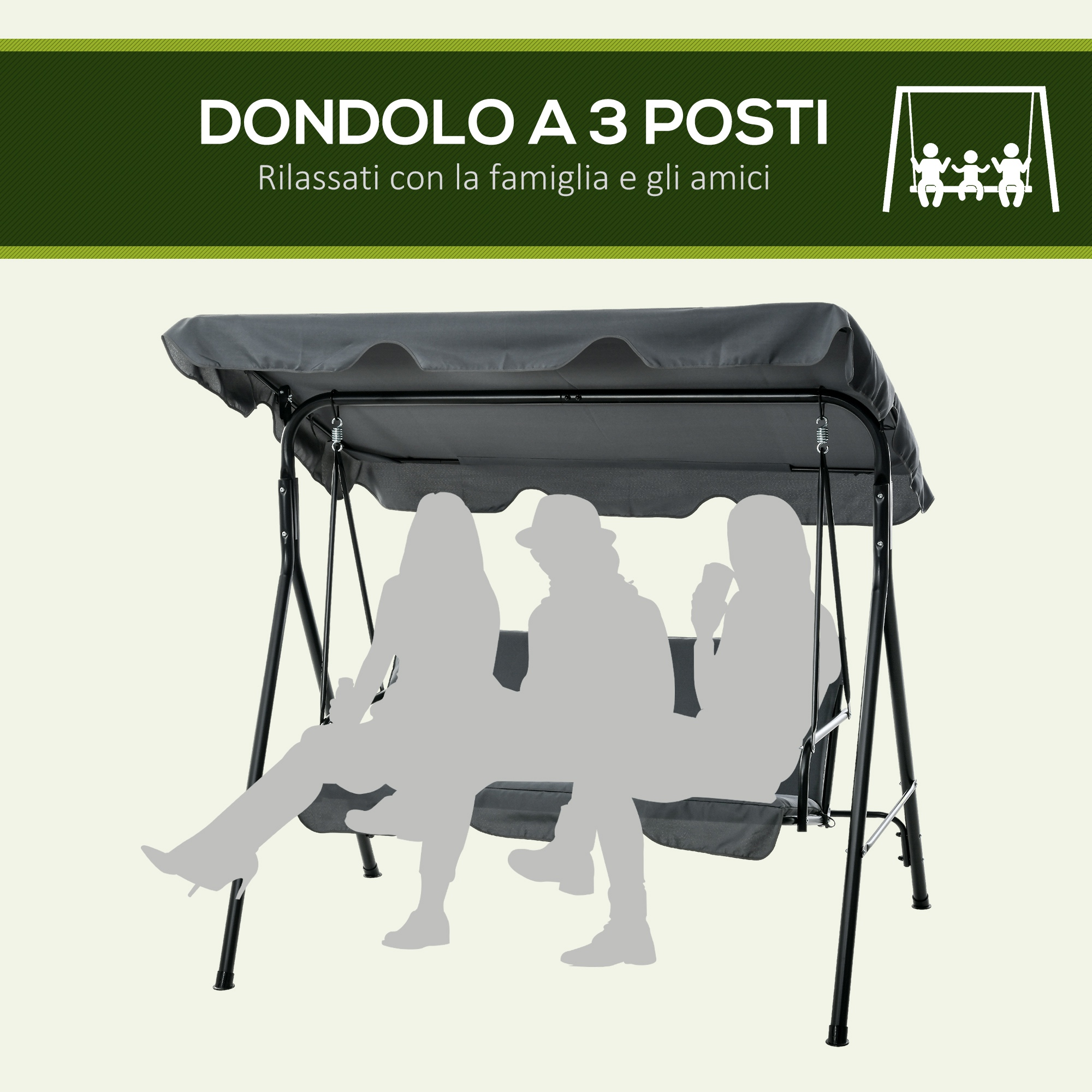 Un'altalena grigia a 3 posti con tettuccio, occupata da tre sagome.