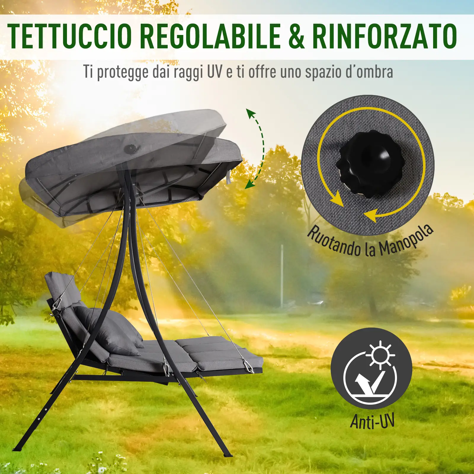 Sdraio da altalena grigio con tettuccio regolabile e logo anti-UV.