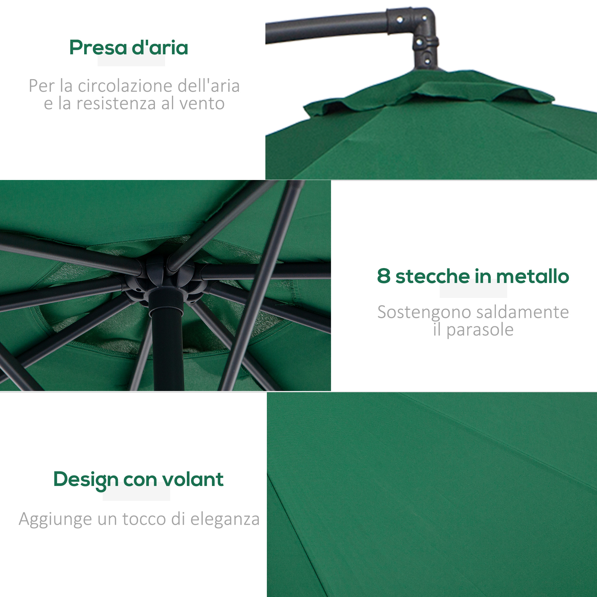 Ombrellone verde con stecche in metallo e presa d'aria.