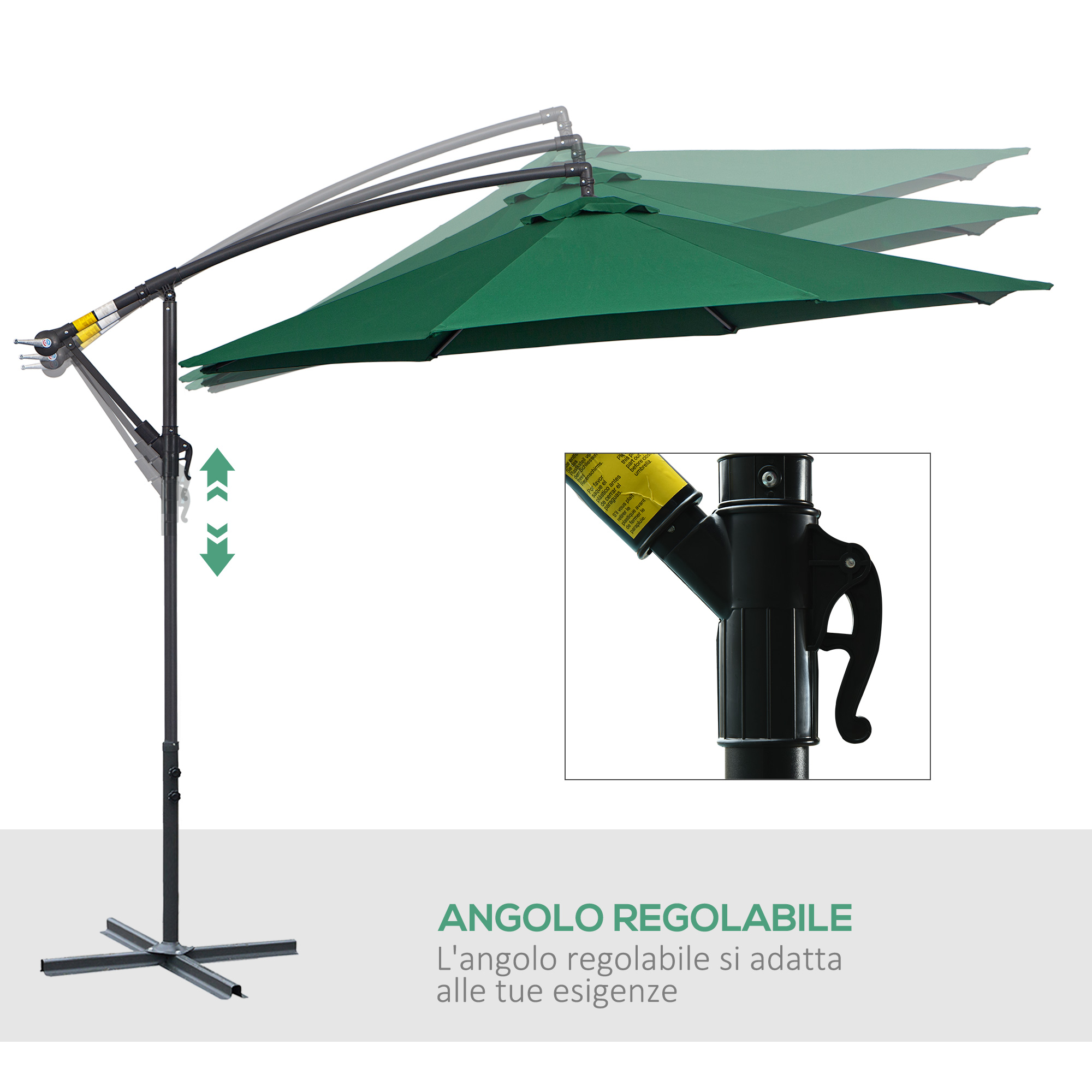 Un ombrellone da esterno verde con angolo regolabile e base nera.