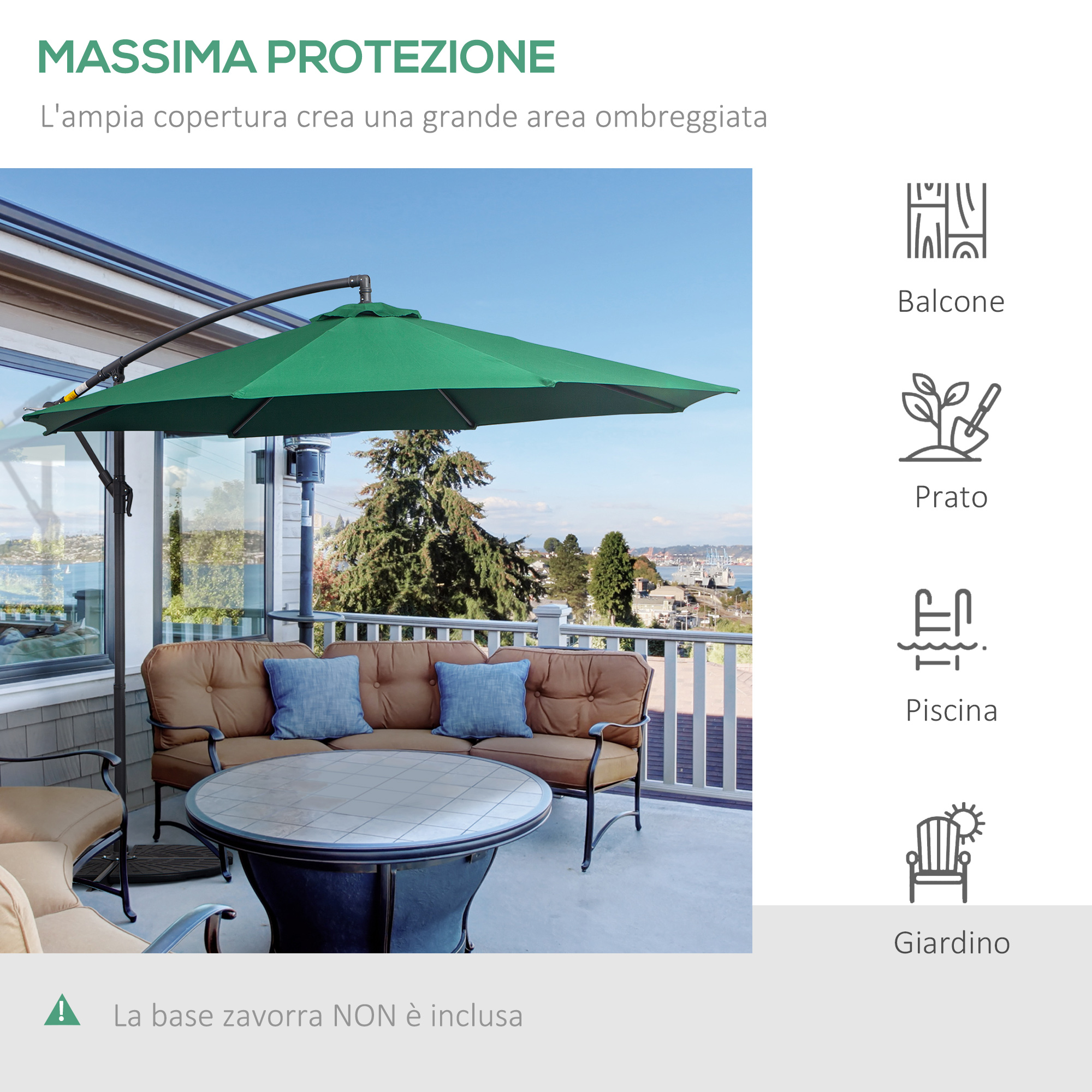 Ombrellone verde su divano e tavolo marroni in un patio con vista mare.