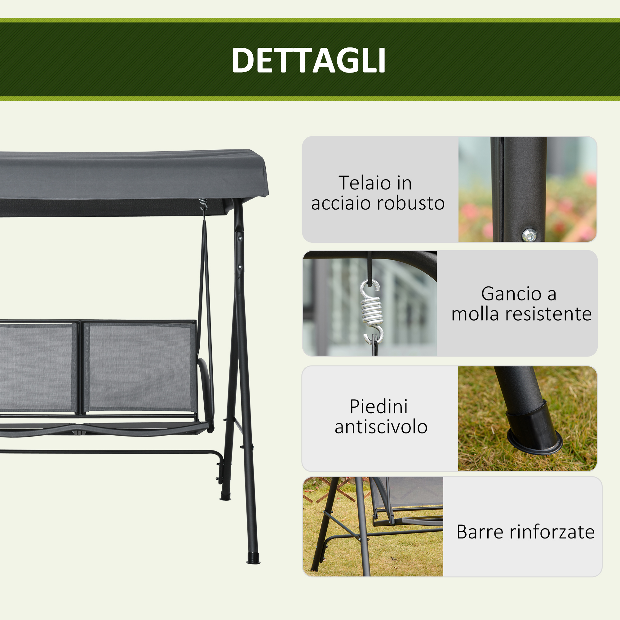 Altalena da giardino con telaio in acciaio robusto, gancio a molla e piedini antiscivolo.
