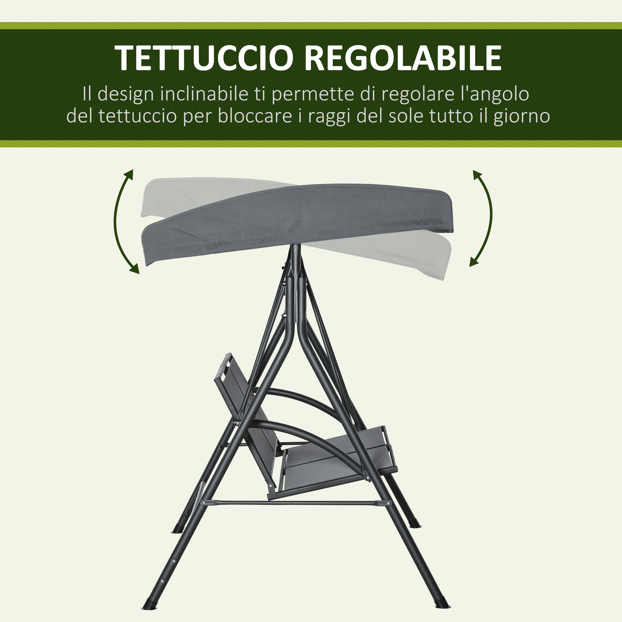 Una tettoia grigia regolabile su una seduta da altalena.