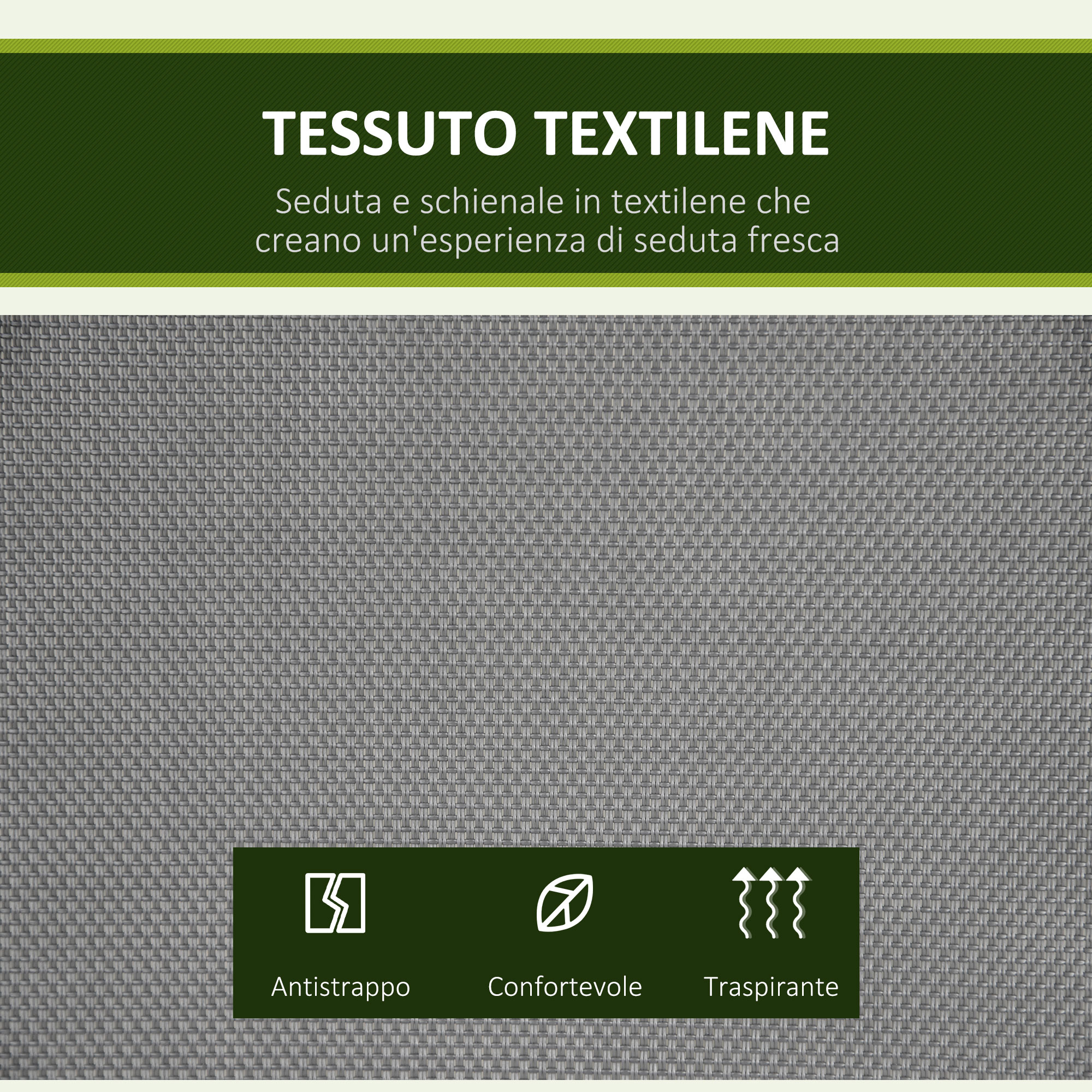 Tessuto textilene grigio con icone di resistenza, comfort e traspirabilità.