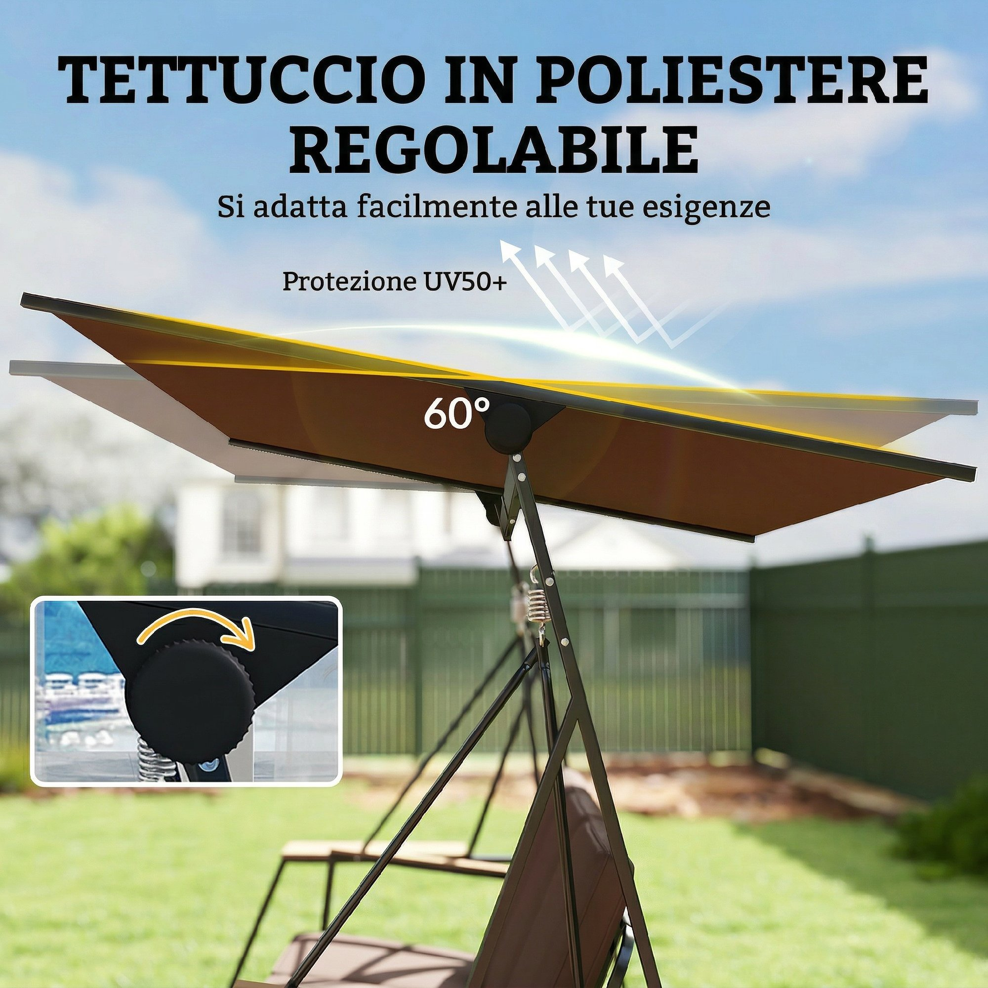 Tettuccio regolabile in poliestere inclinato di 60°, con protezione UV50+.