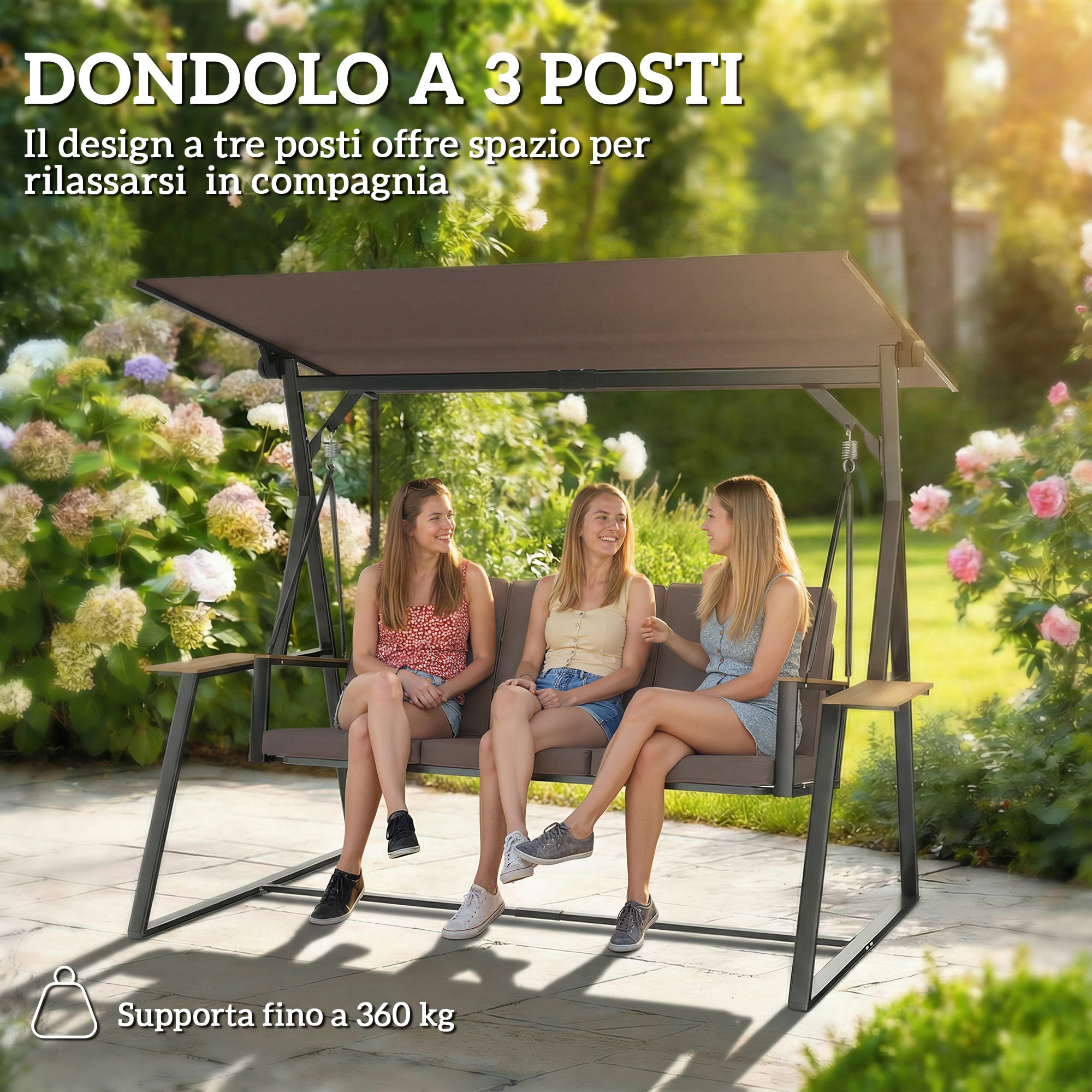 Tre donne siedono su un'altalena da giardino marrone, circondate da fiori.