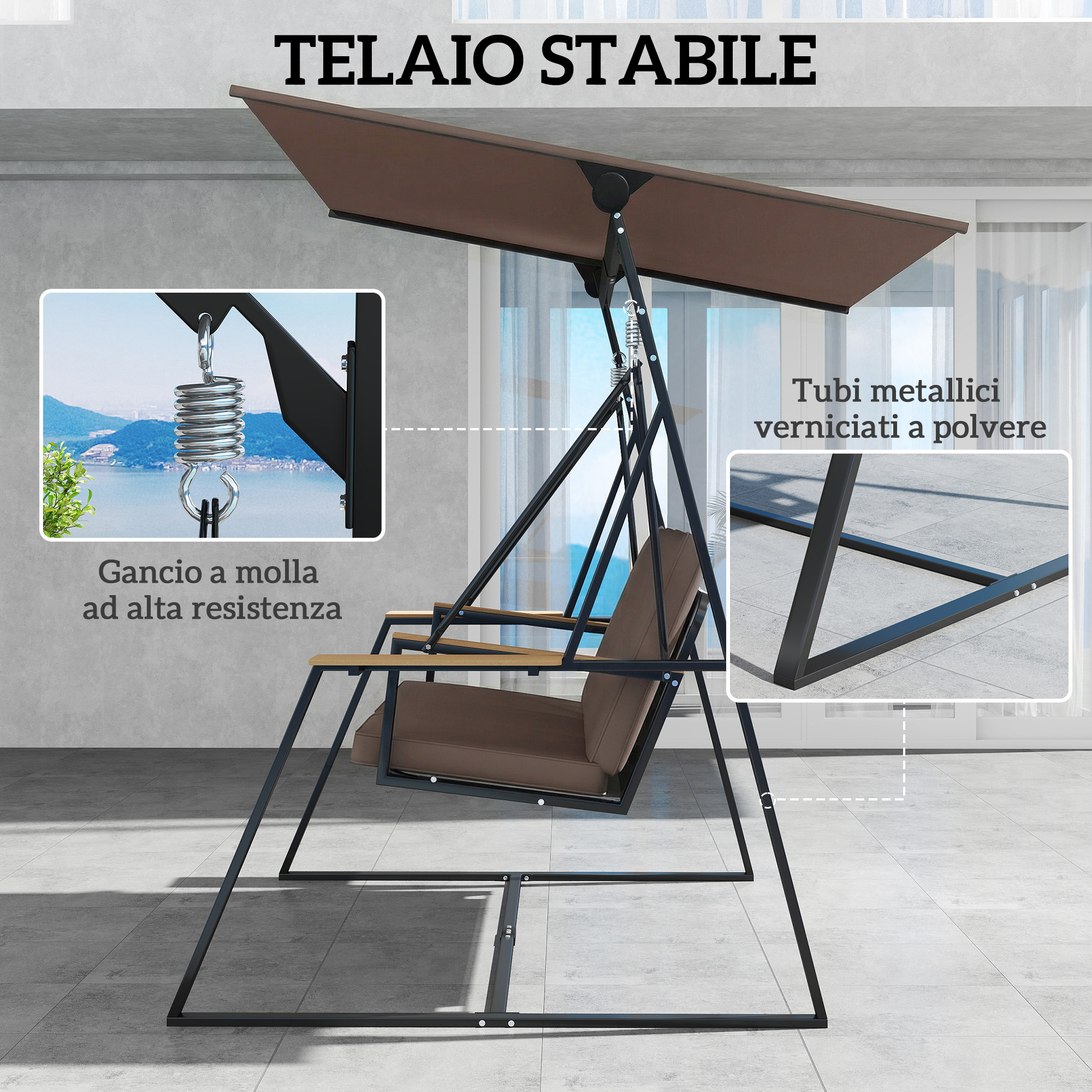 Una sedia a dondolo marrone con telaio in metallo e baldacchino.