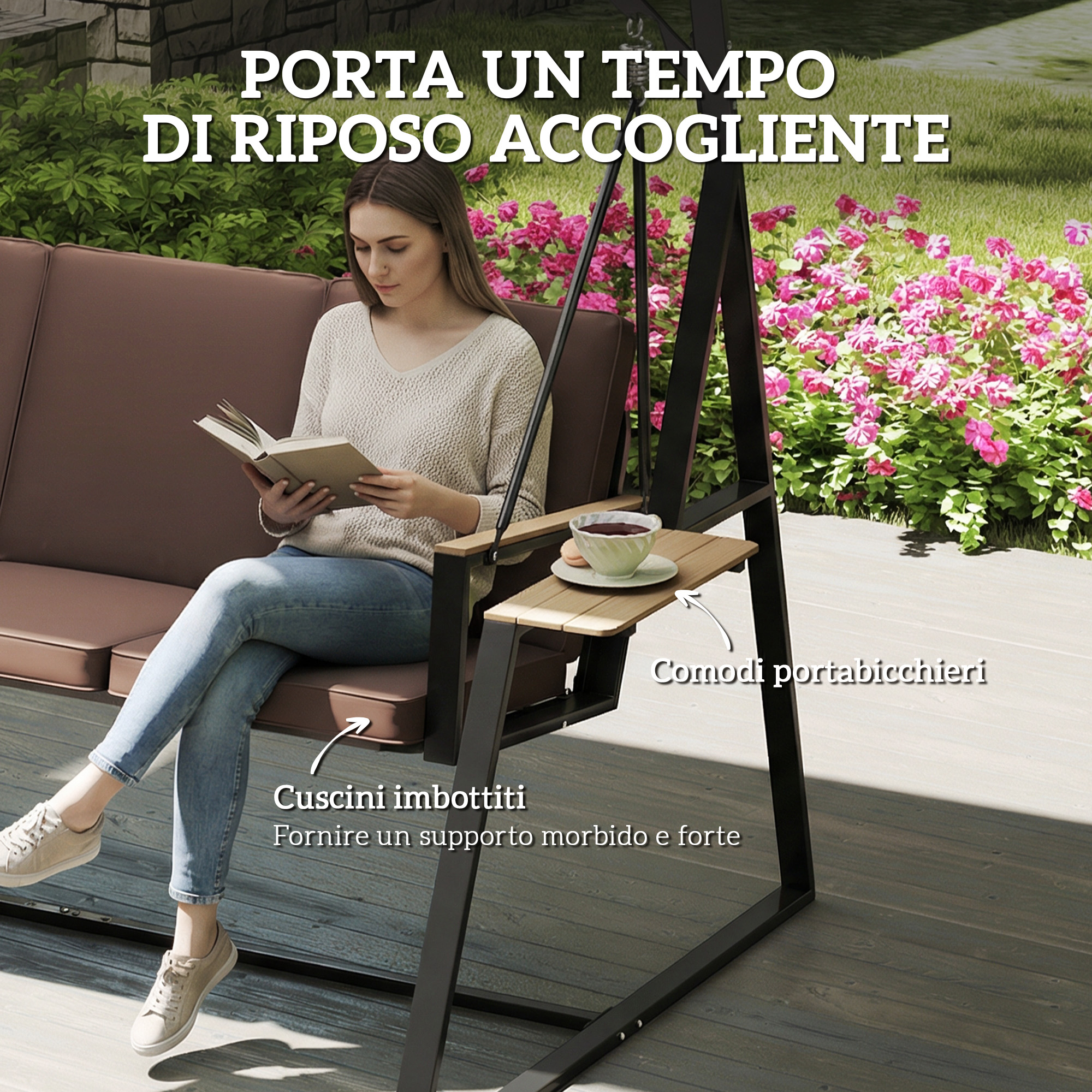 Una donna legge un libro su un'altalena da esterno marrone.