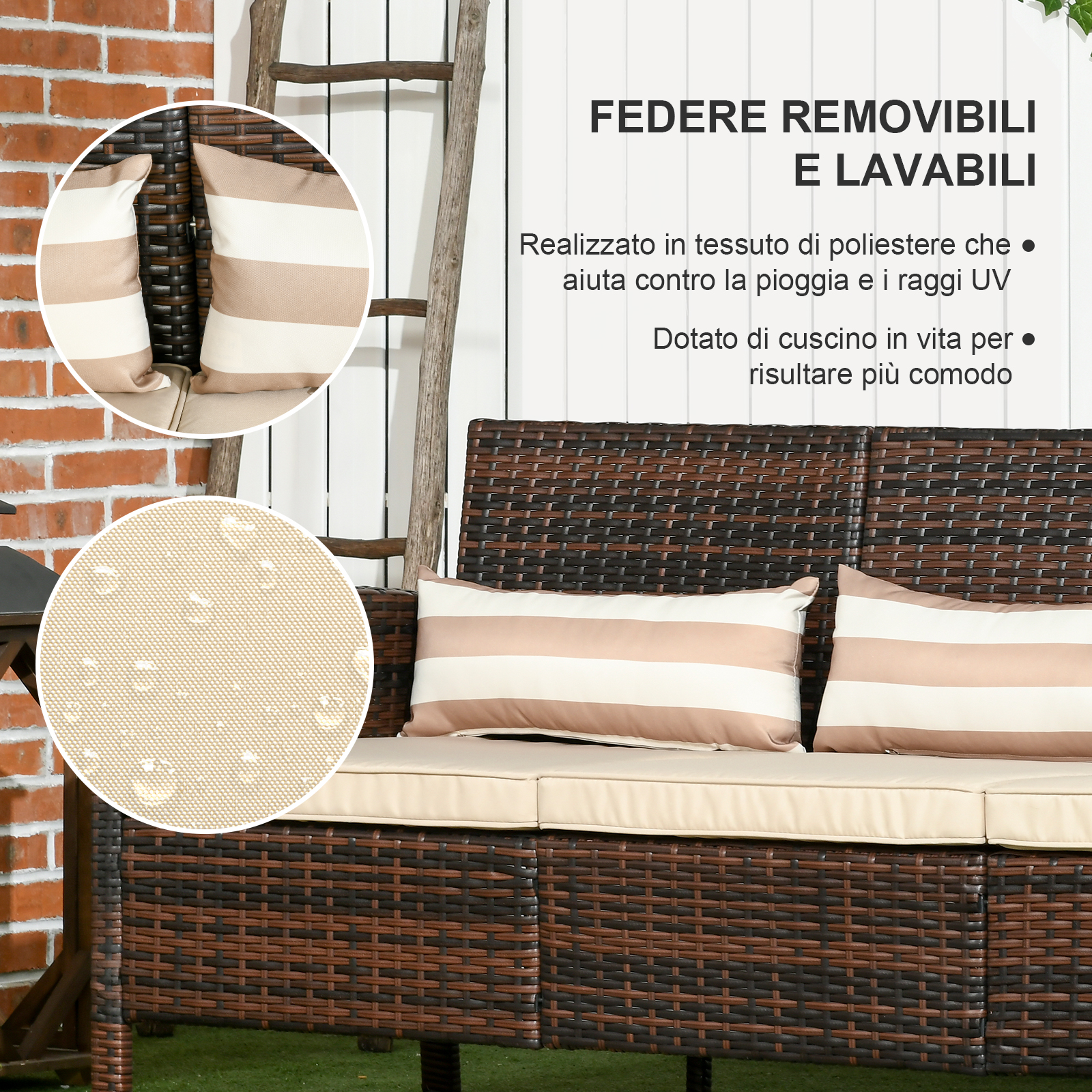 Divano in rattan marrone con cuscini a righe e dettaglio tessuto idrorepellente.