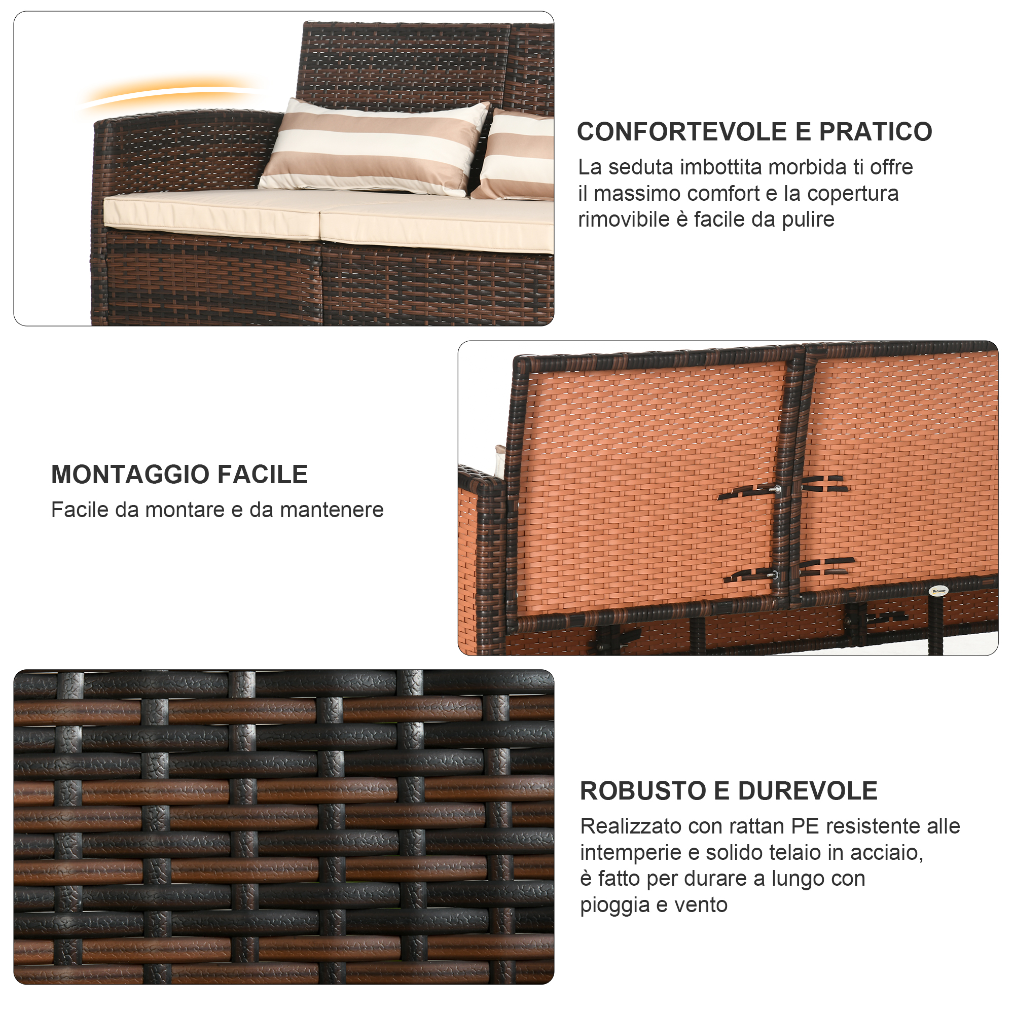 Mobili in rattan con cuscini e descrizioni testuali.