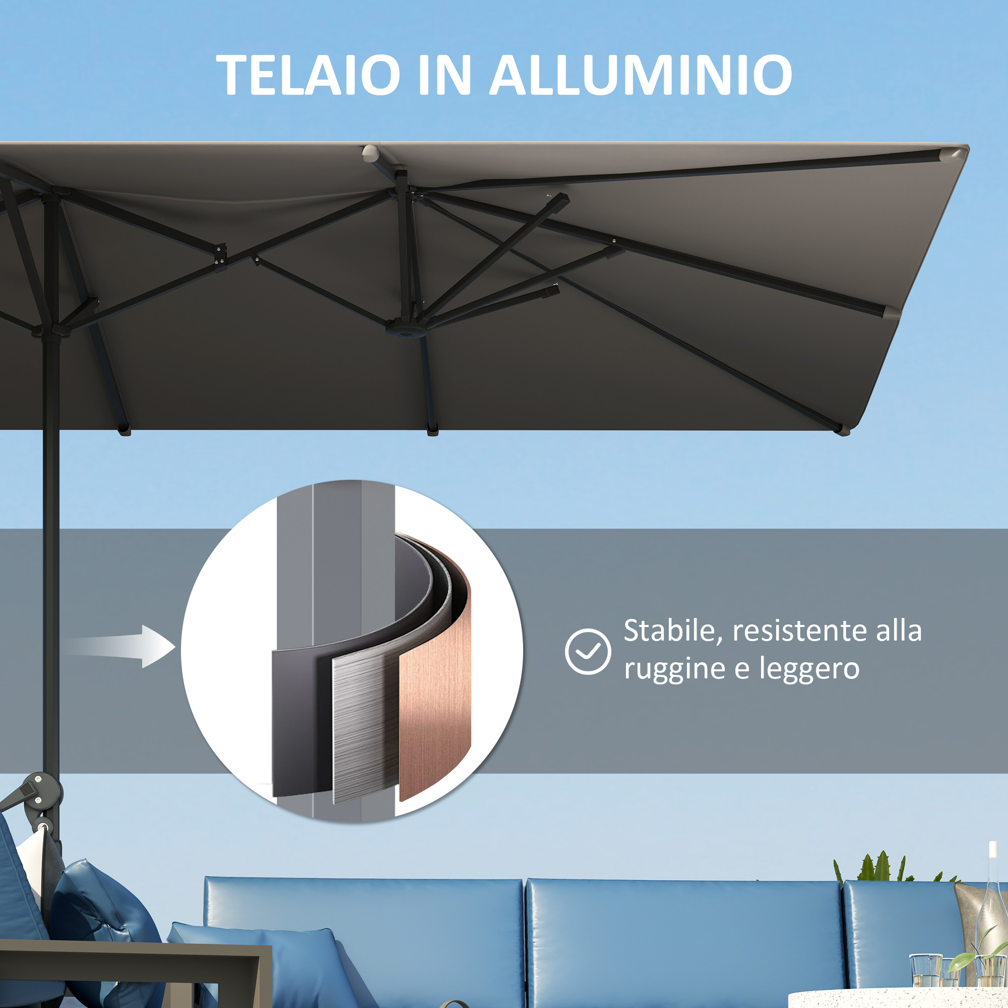 Telaio ombrellone grigio in alluminio con dettaglio materiale a strati.