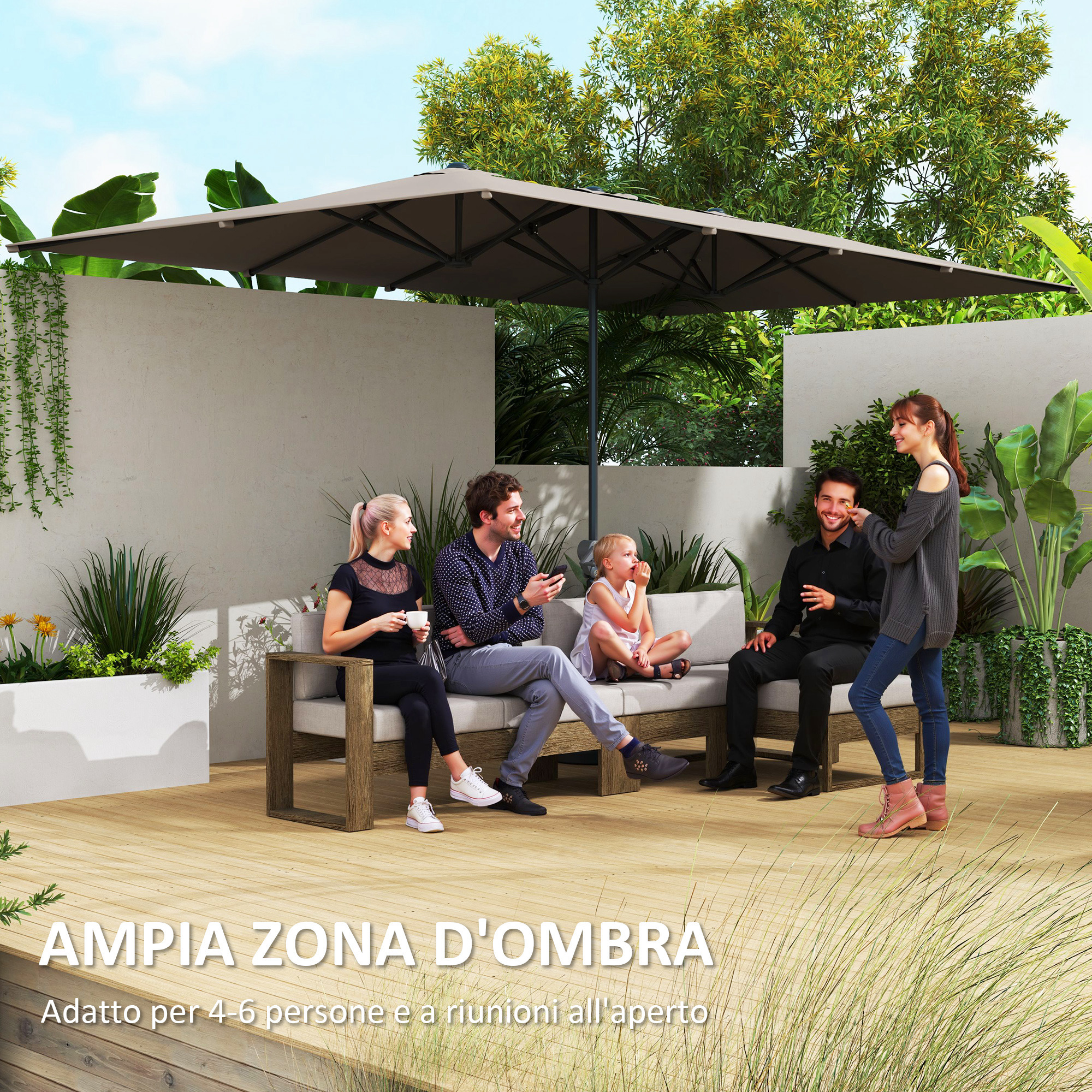Una famiglia si rilassa sotto un grande ombrellone su un terrazzo di legno.