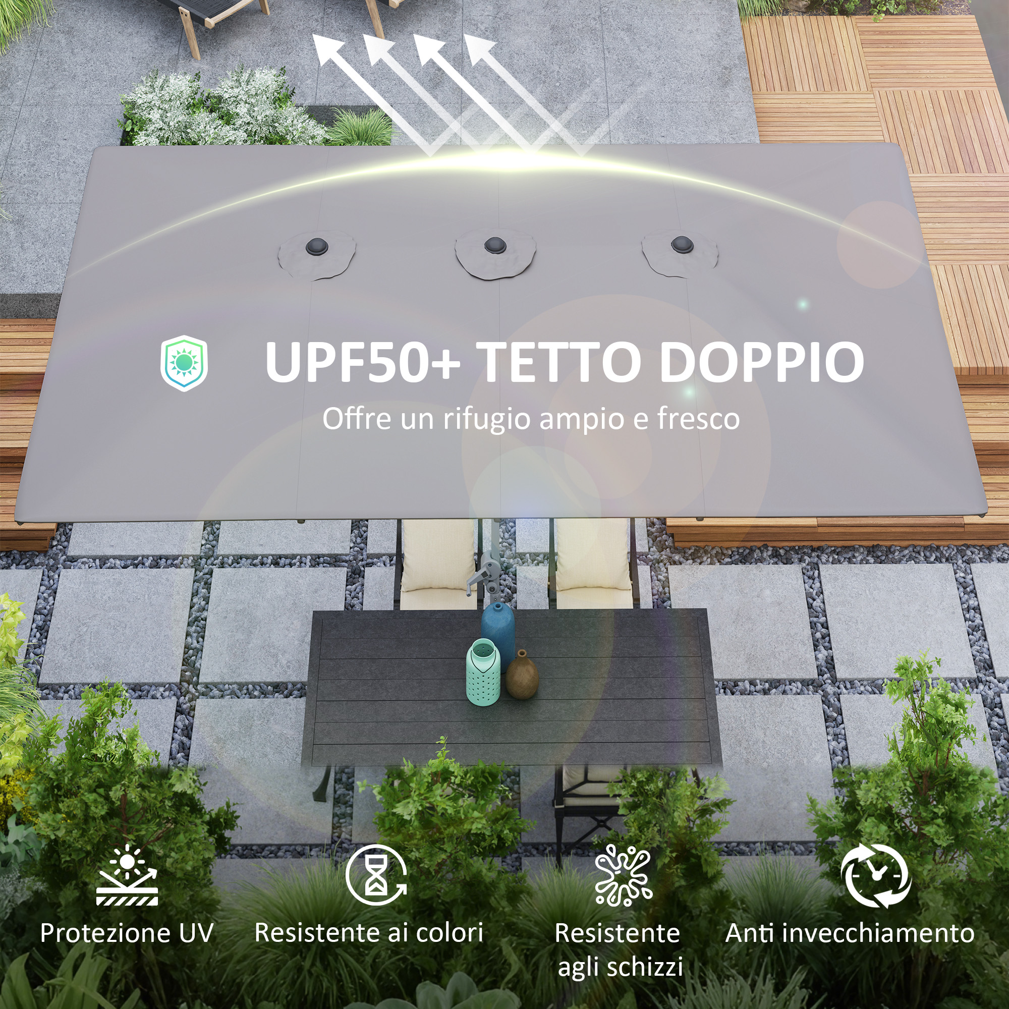 Tetto grigio UPF50+ che copre un tavolo da pranzo all'aperto con sedie e piante.