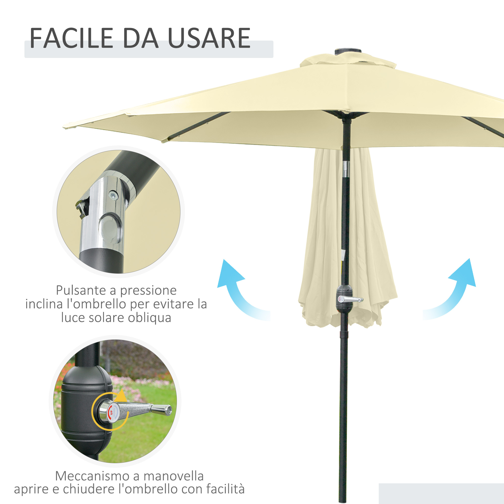 Ombrellone beige con manovella e inclinazione per un facile uso.