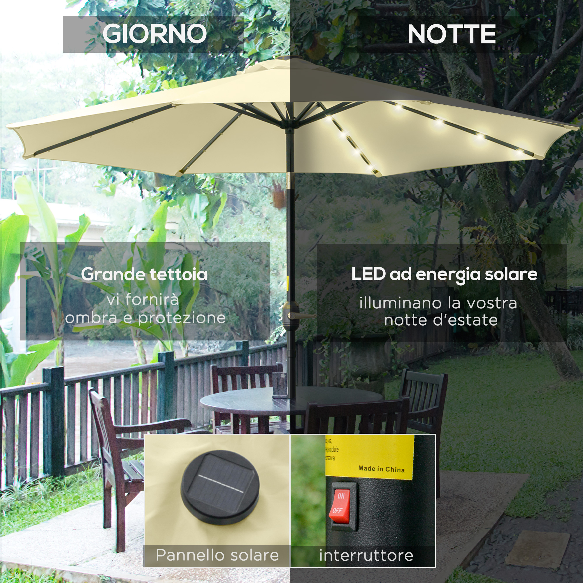 Un ombrellone da esterno giorno/notte con LED solari, pannello solare e interruttore.
