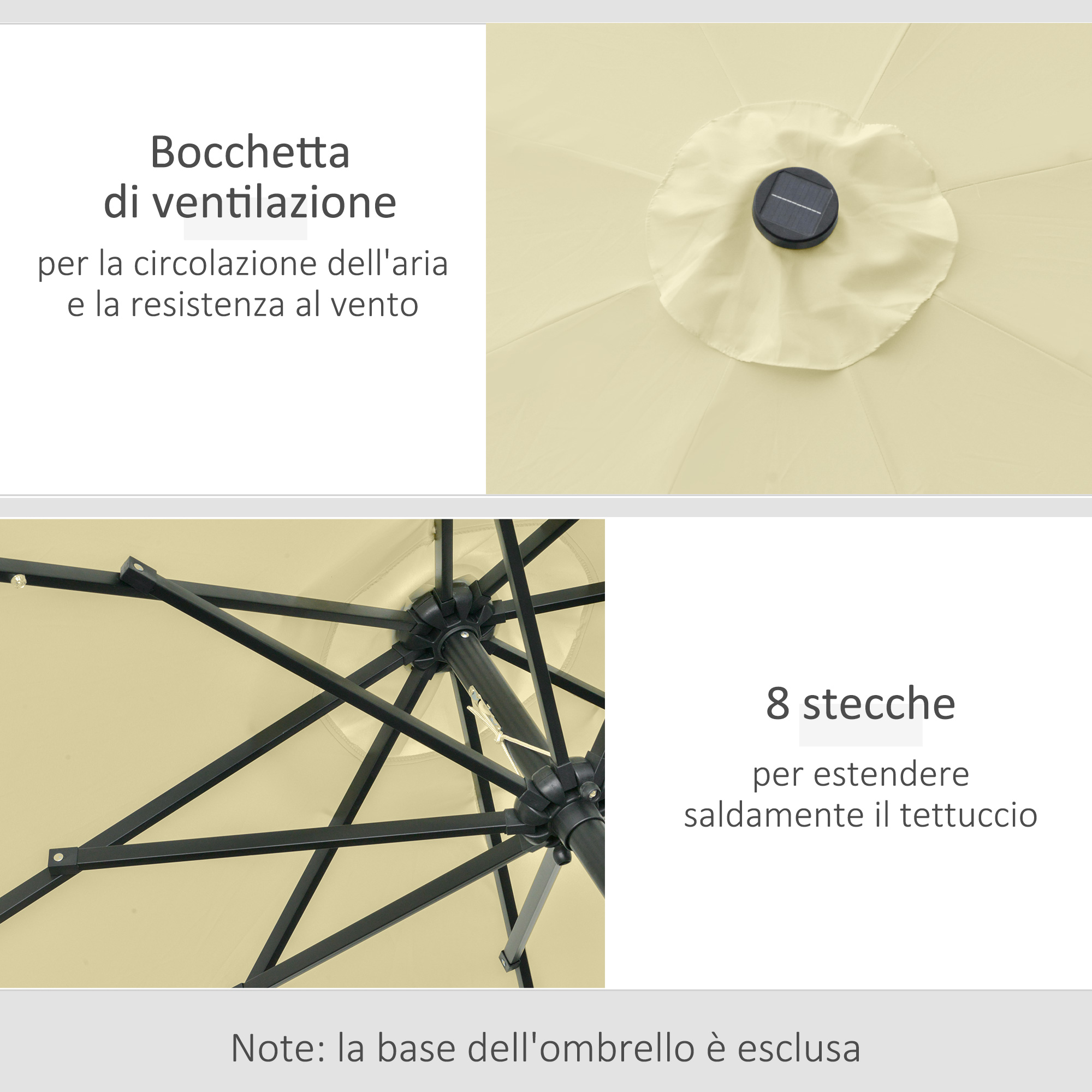Parte superiore ombrello beige con sfiato e pannello solare. Struttura con 8 stecche.