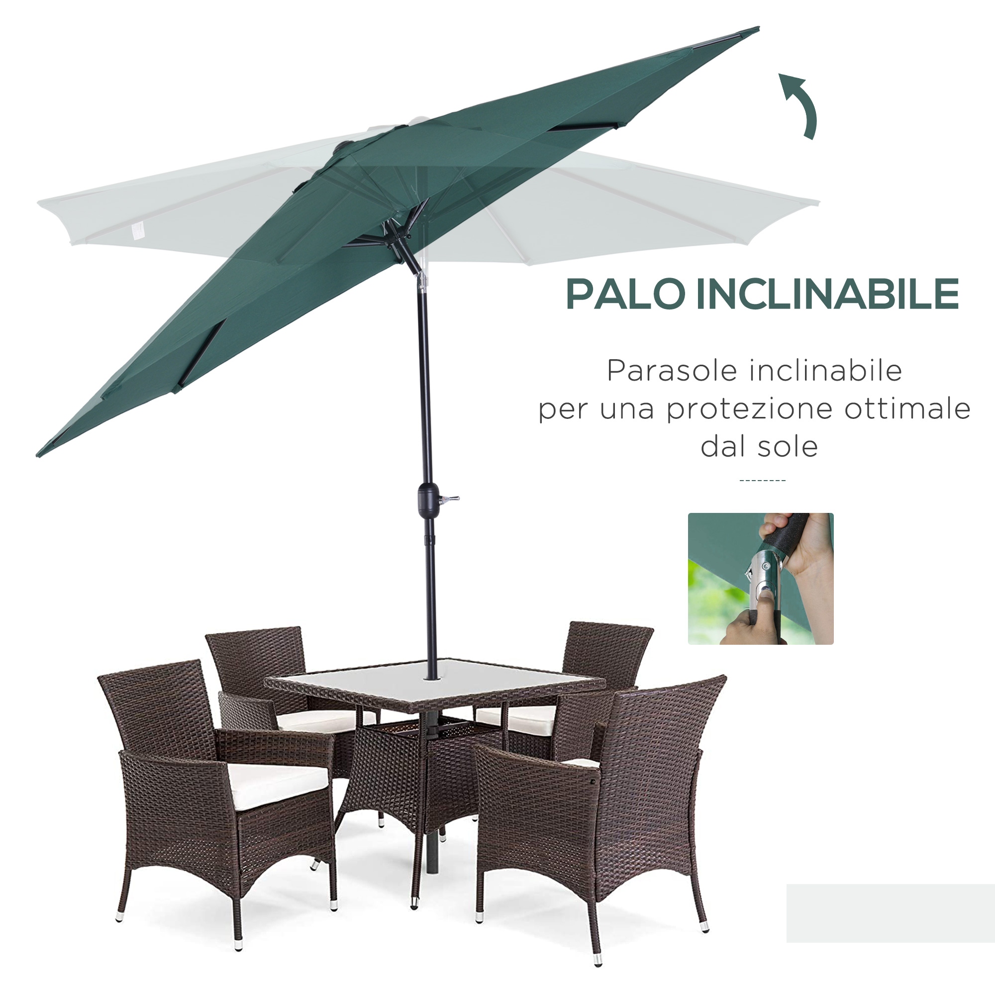 Un ombrellone verde scuro si inclina su un tavolo quadrato con quattro sedie in rattan.