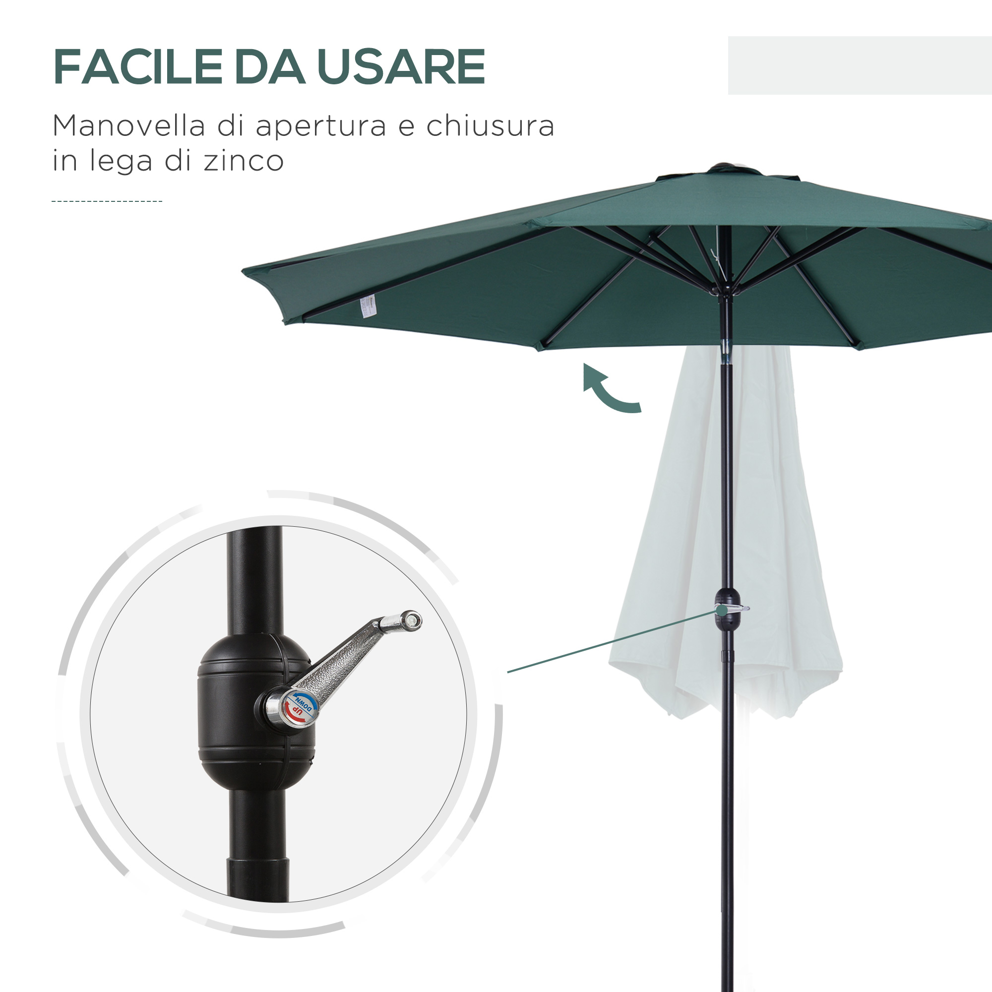 Un ombrellone verde con manovella per aprire/chiudere e frecce direzionali.