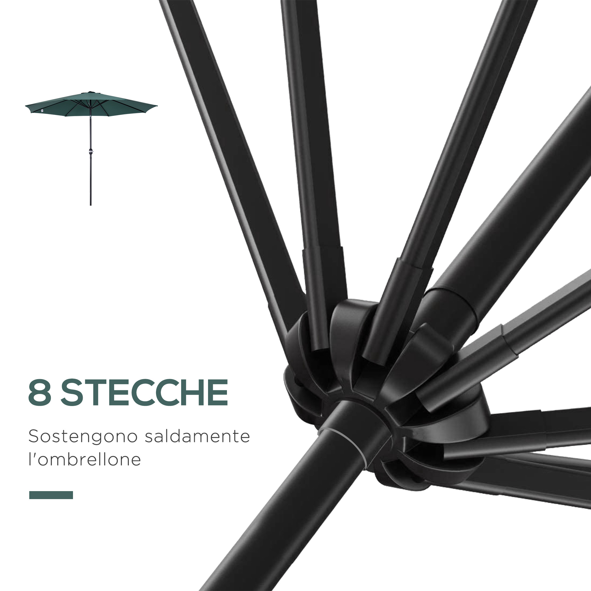 Un ombrellone verde aperto con telaio nero e la scritta '8 STECCHE'.
