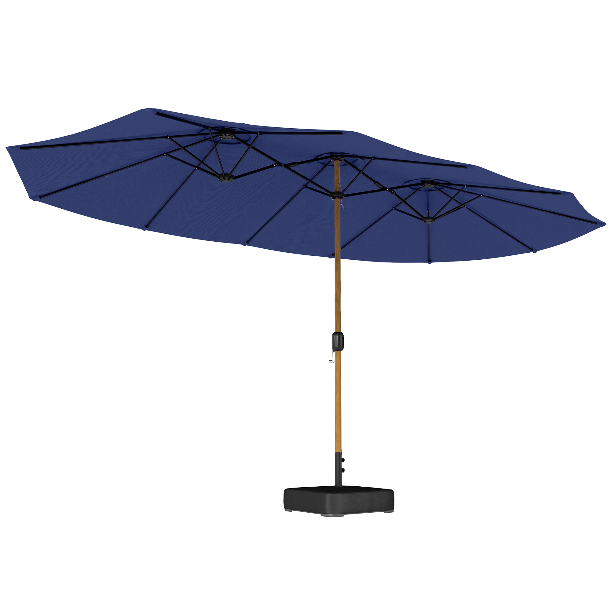 Un ombrellone rettangolare blu scuro con palo in legno e base nera.