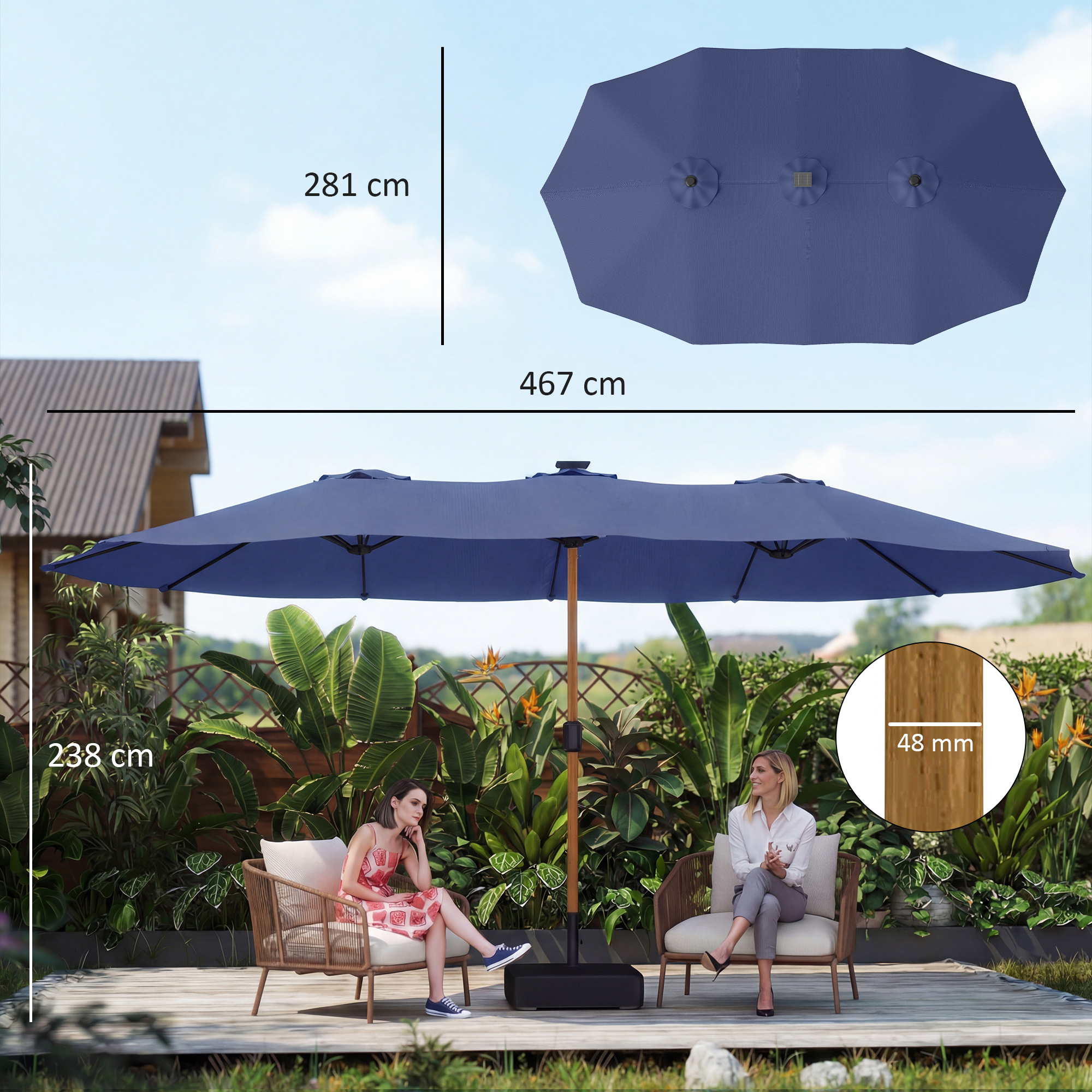 Grande ombrellone blu con due aree salotto, largo 467 cm, alto 281 cm.