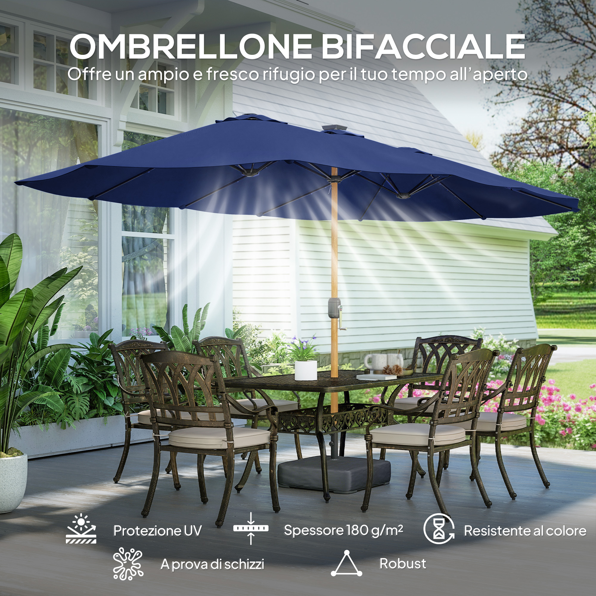 Ombrellone blu scuro su tavolo da giardino con sedie, circondato da piante.