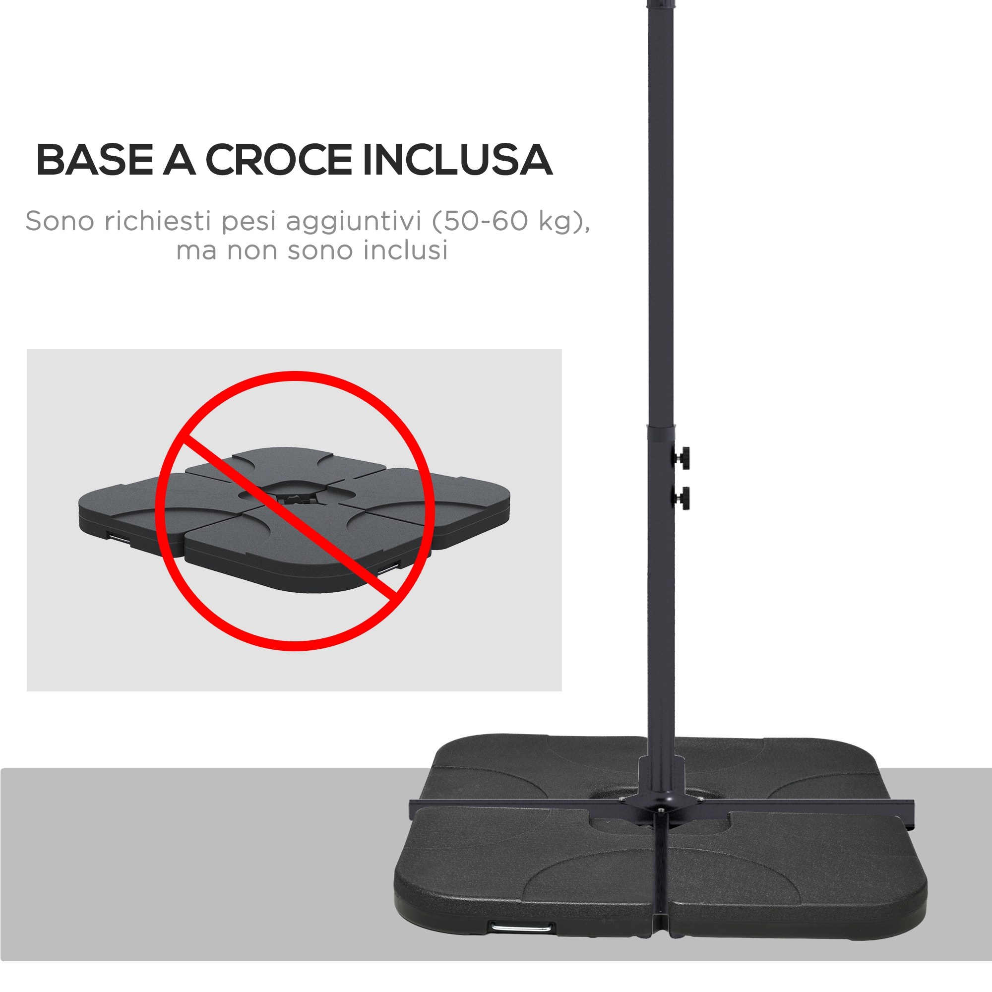 Base a croce scura per ombrellone con cartello di divieto rosso.