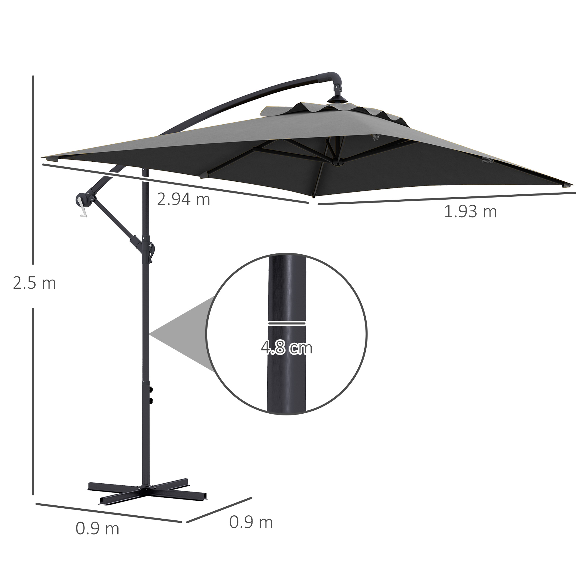 Ombrellone a sbalzo grigio con base in metallo. Dimensioni: 2,5m A, 2,94m L, 1,93m P.