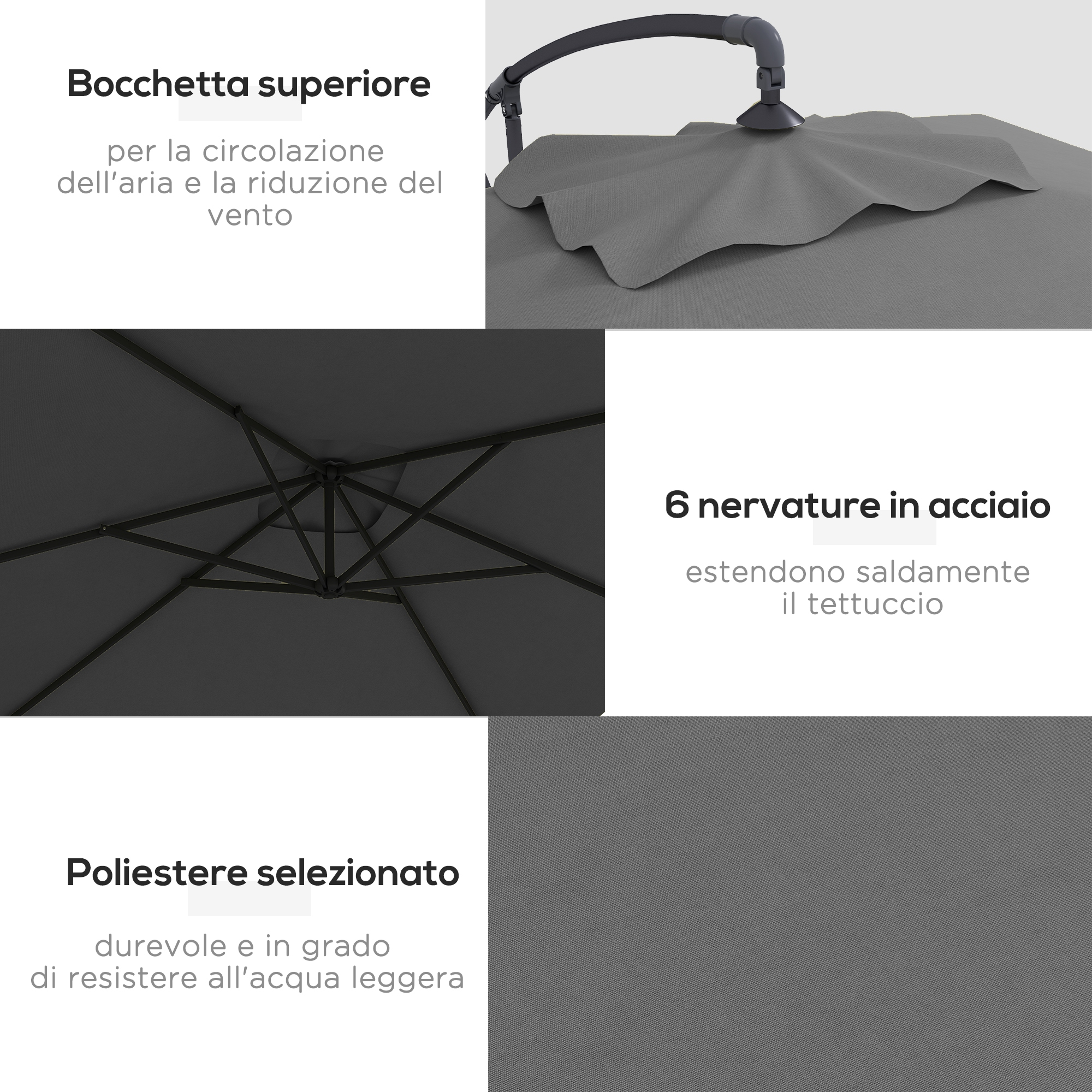 Ombrellone grigio con sfiato superiore e stecche in acciaio.