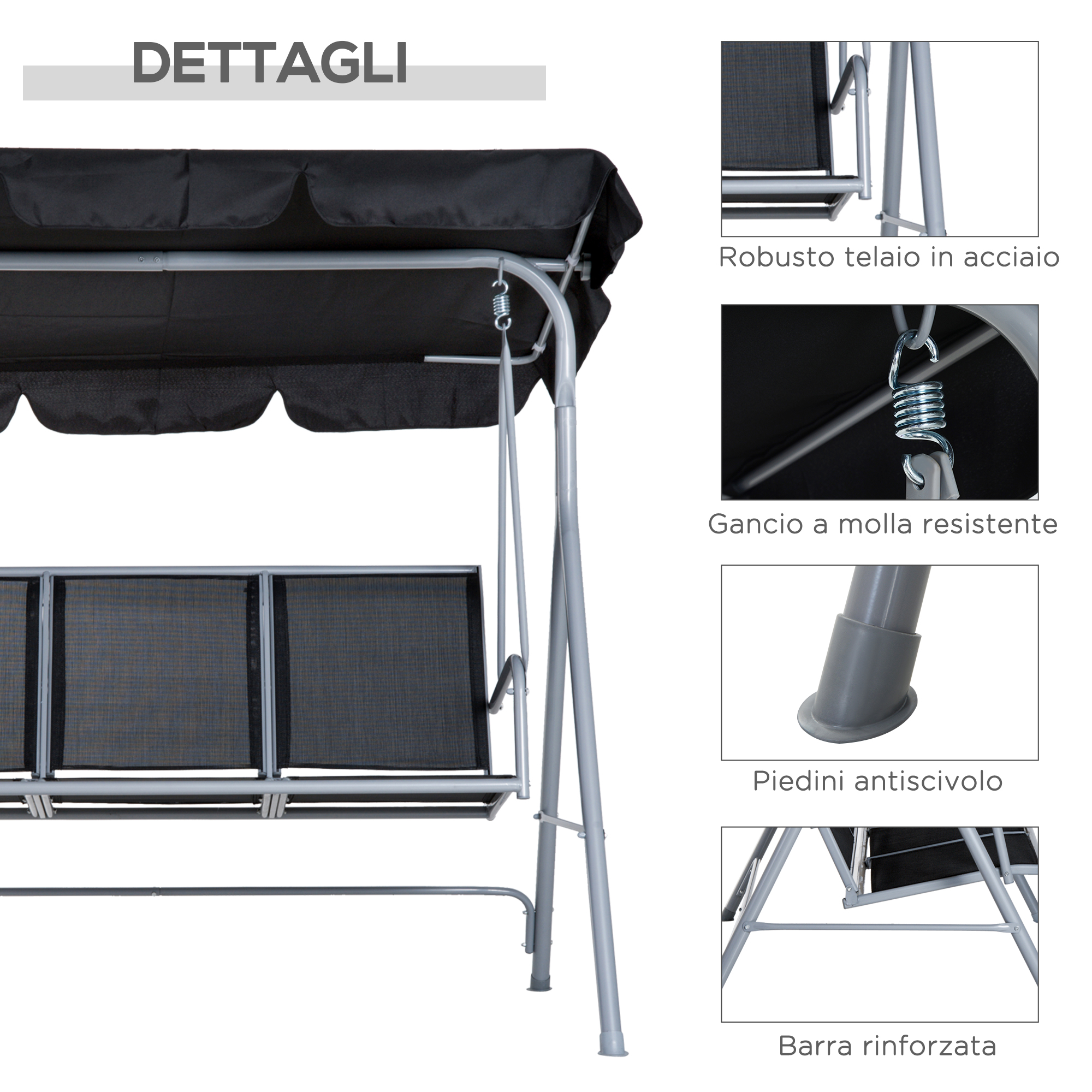 Dettagli di una sedia a dondolo grigia con tettuccio e seduta neri.