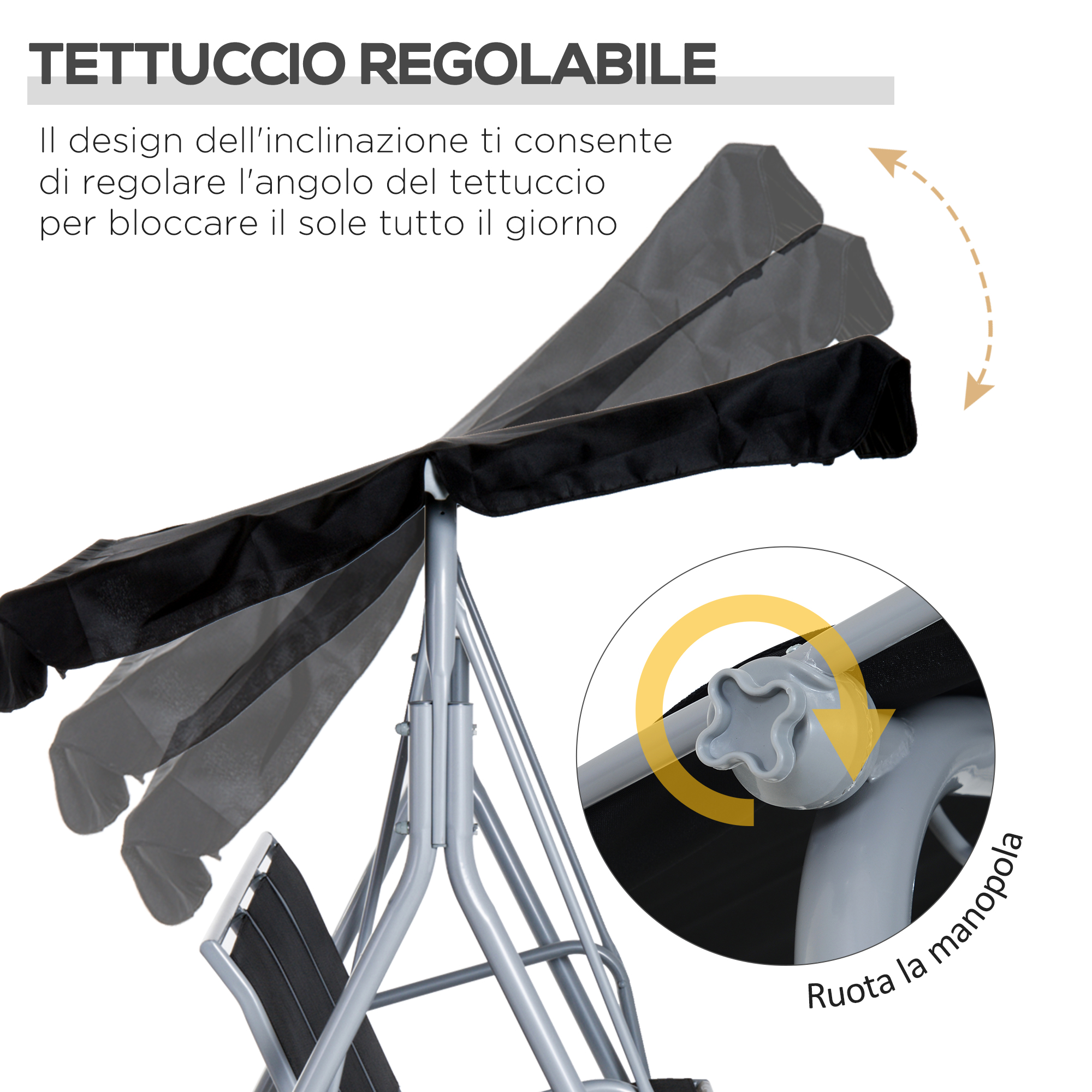 Tettuccio regolabile su un'altalena con pomello di regolazione e freccia.