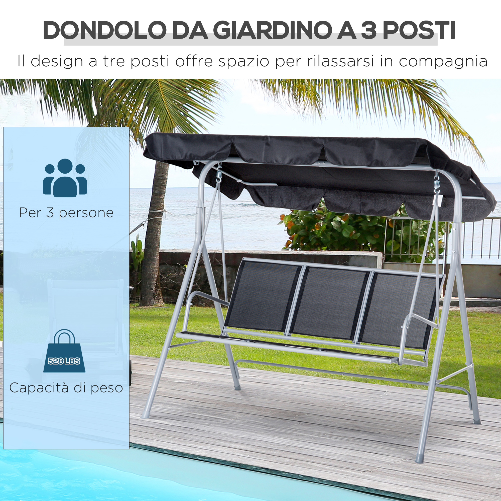 Un'altalena da giardino argentata a 3 posti con baldacchino nero, vicino a una piscina.