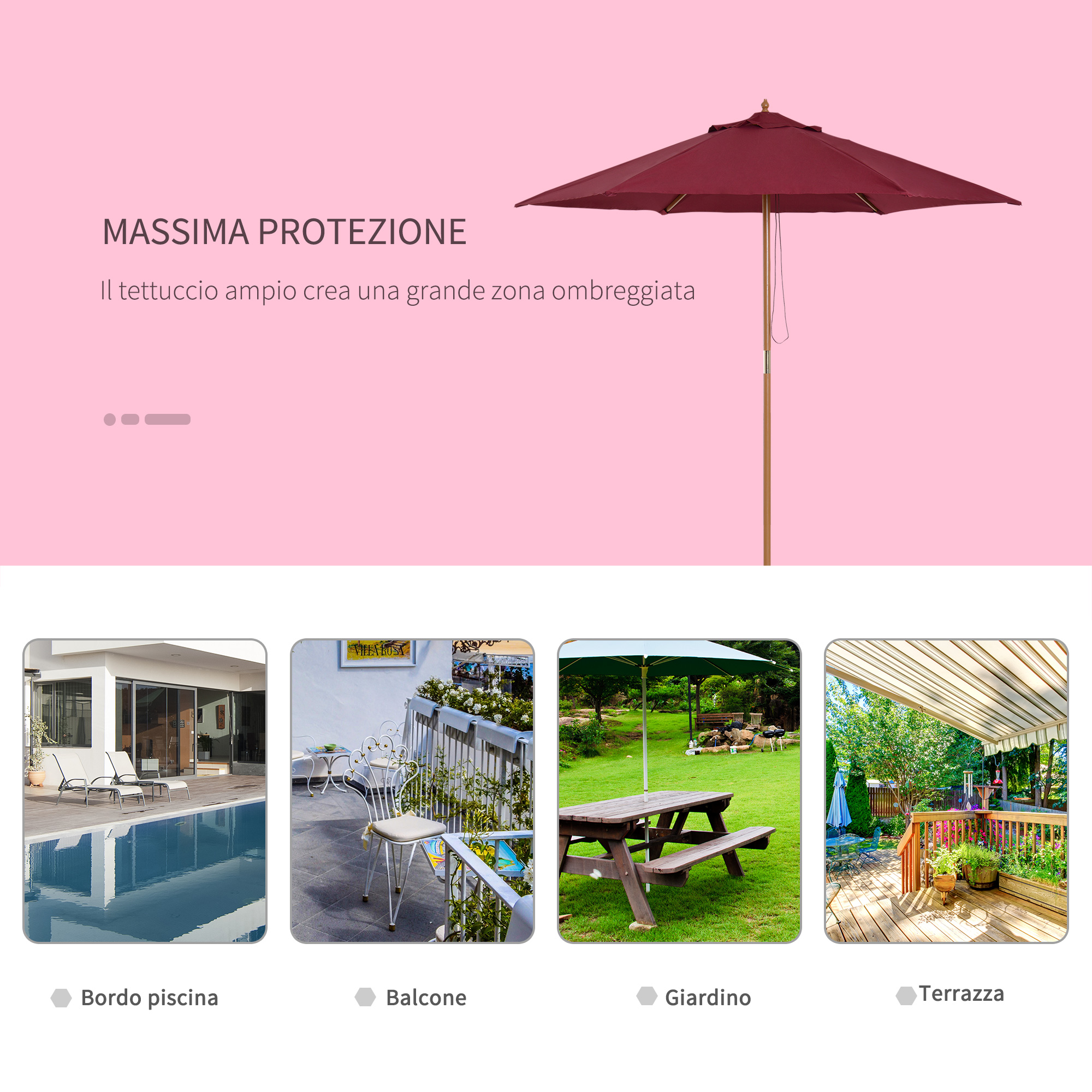 Un ombrellone rosso scuro su una scena di piscina, balcone, tavolo da picnic e terrazza.