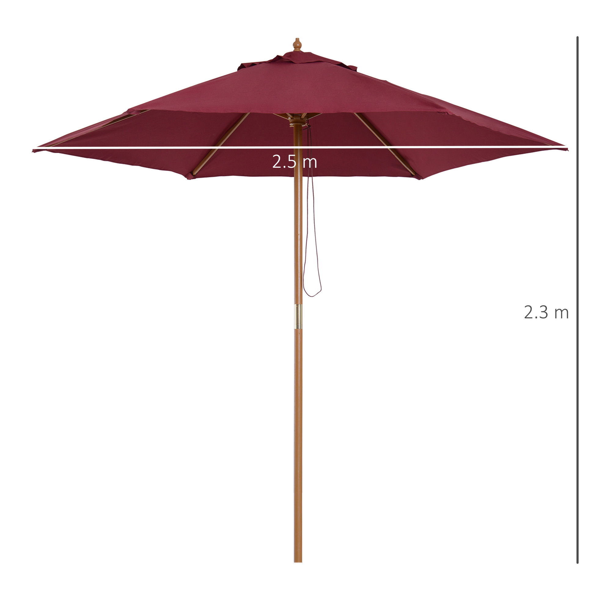 Un ombrellone da esterno color bordeaux con palo in legno, largo 2,5 m e alto 2,3 m.