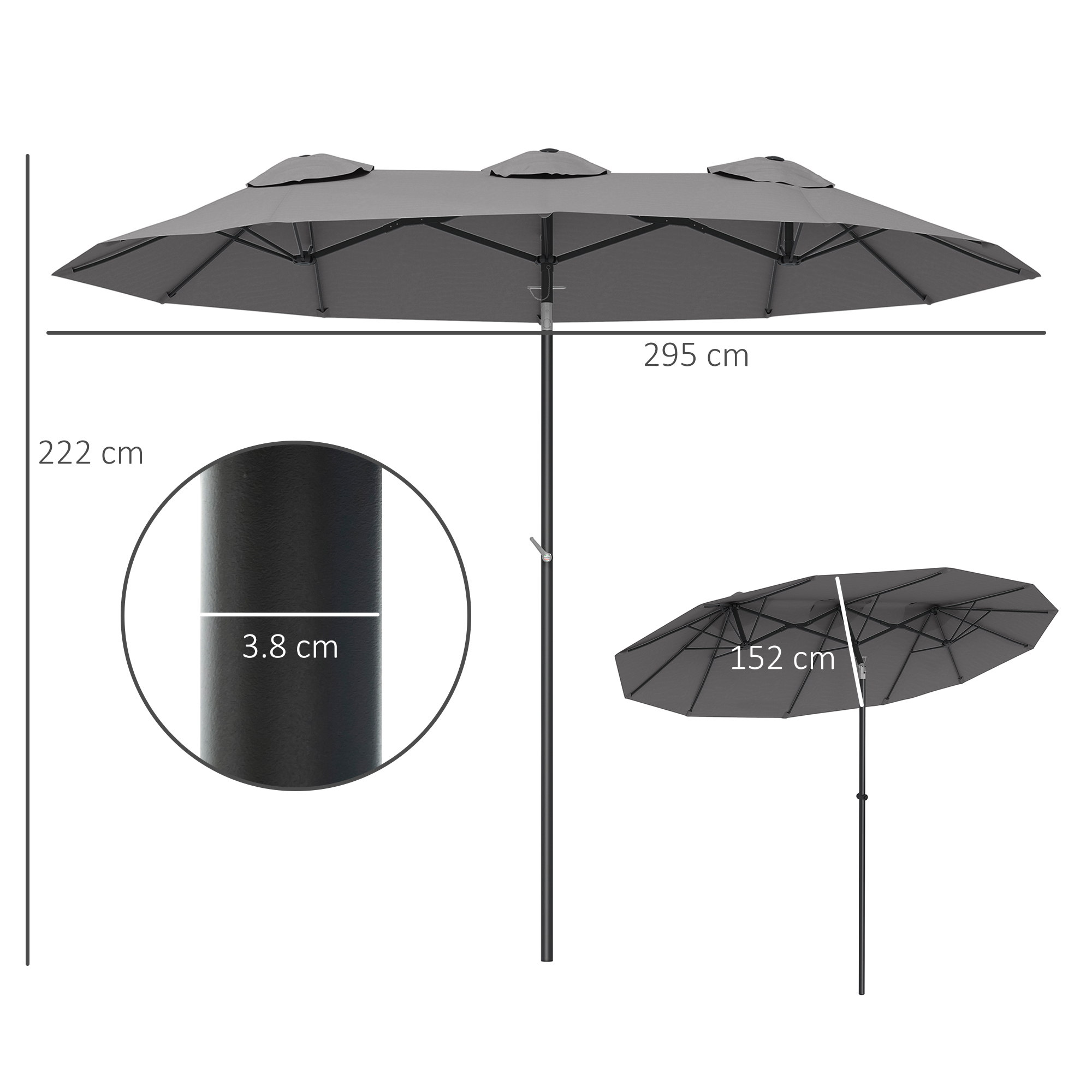 Ombrellone grigio da esterno con 3 cupole, largo 295cm, alto 222cm, palo 3.8cm.